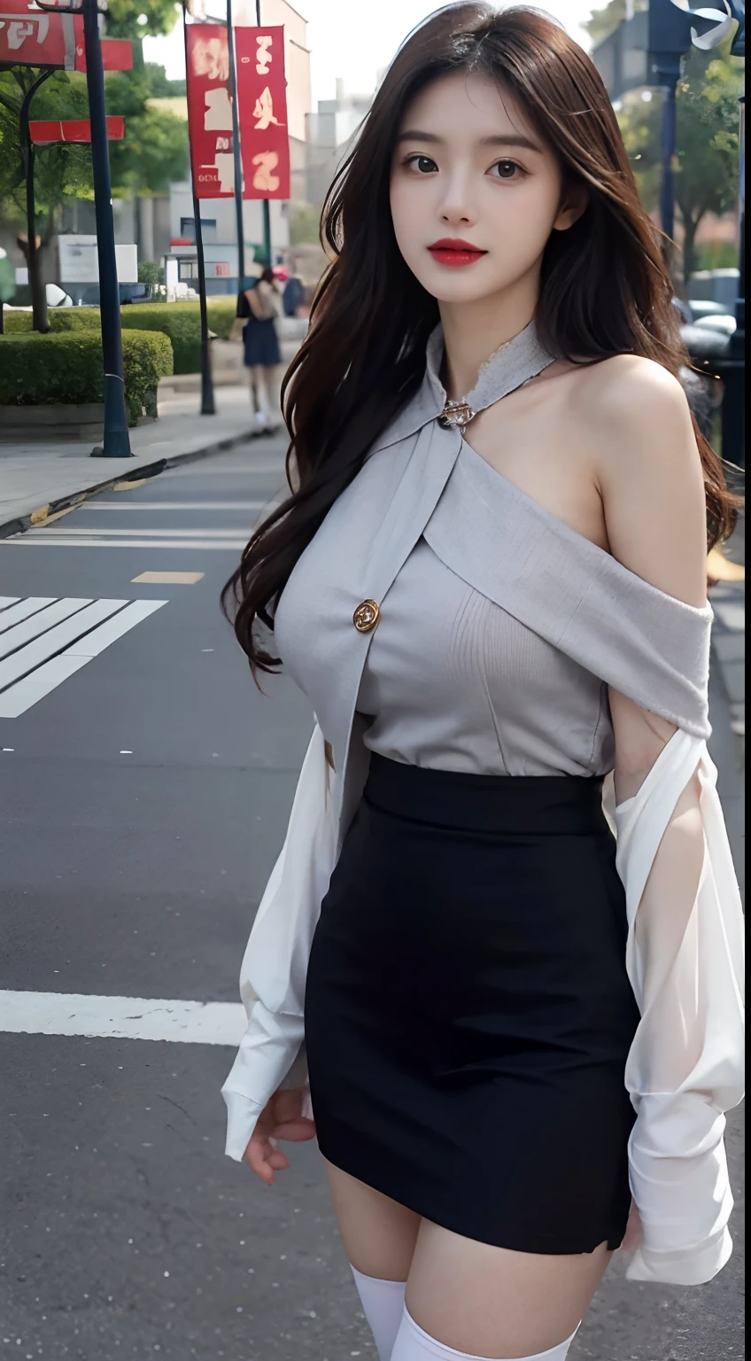 A perfect young female white-collar worker,Chinese big breasts,High picture quality,Works of masters,Black hair,Long hair shawl,Long hair flowing over the shoulders,Beach wave hairstyle,cropped shoulders,鎖骨,exquisite face,Hydrated red lips,((Wear colorful and stylish summer clothing))(red colour,blue colors,green color,Violet-orange,In pink,amarelo,Printed clothing),Kurfo,,Colorful pleated skirt,white stockings,over knee socks,Magic starry sky dress,Lace skirt,Puff sleeve skirt,Tassel elements,Lace paneled elements,Openwork elements,Texture element,Real Human,CG rendering,16k,Stand up,Suzhou Garden,On the bridge,Do not show your hands,(Hands without sleeves)Close-up shot
