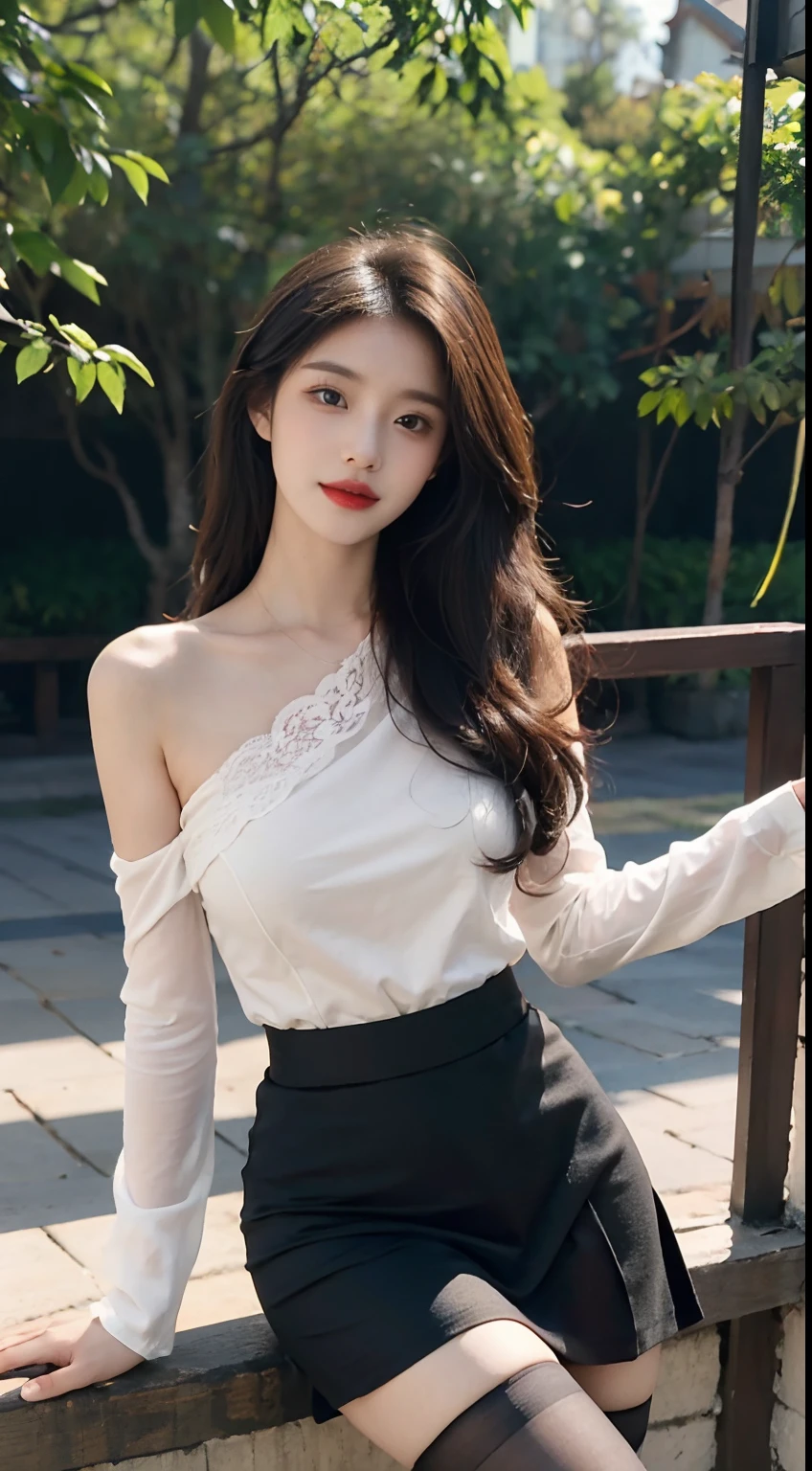 A perfect young female white-collar worker，Chinese big breasts，High picture quality，Works of masters，Black hair，Long hair shawl，Long hair flowing over the shoulders，Beach wave hairstyle，cropped shoulders，鎖骨，exquisite face，Hydrated red lips，（（Wear colorful and stylish summer clothing））（red colour，blue colors，green color，Violet-orange，In pink，amarelo，Printed clothing），Kurfo，，Colorful pleated skirt，white stockings，over knee socks，Magic starry sky dress，Lace skirt，Puff sleeve skirt，Tassel elements，Lace paneled elements，Openwork elements，Texture element，Real Human，CG rendering，16k，Stand up，Suzhou Garden，On the bridge，Do not show your hands，（Hands without sleeves）Close-up shot