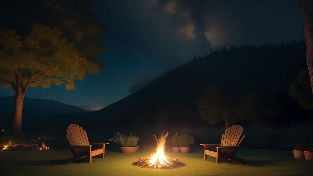 "Generates a high-resolution, extremely realistic image showing a conventional bed set in the middle of a lush green field, con un cielo estrellado sobre ella. Junto a la cama, Place a lit bonfire that illuminates the scene in a warm and welcoming way. La luz de la hoguera debe hacer que la escena sea agradable y relajante, invitando a acostarse y descansar profundamente.

Furthermore, Imagine that from the bonfire emerge fanciful and magical kind and protective creatures. Estas criaturas deben ser amigables y tener una apariencia que inspire confianza y comodidad. Pueden ser seres de luz, as fairies or luminous spirits, que se acercan a la cama para cuidar y proteger a la persona que se acueste en ella.

The image should convey a sense of serenity, seguridad y bienestar, as if the place were a magical refuge where anyone who goes to bed can experience a deep and restful rest.. Make sure every detail is vivid and realistic so that the scene is completely captivating."