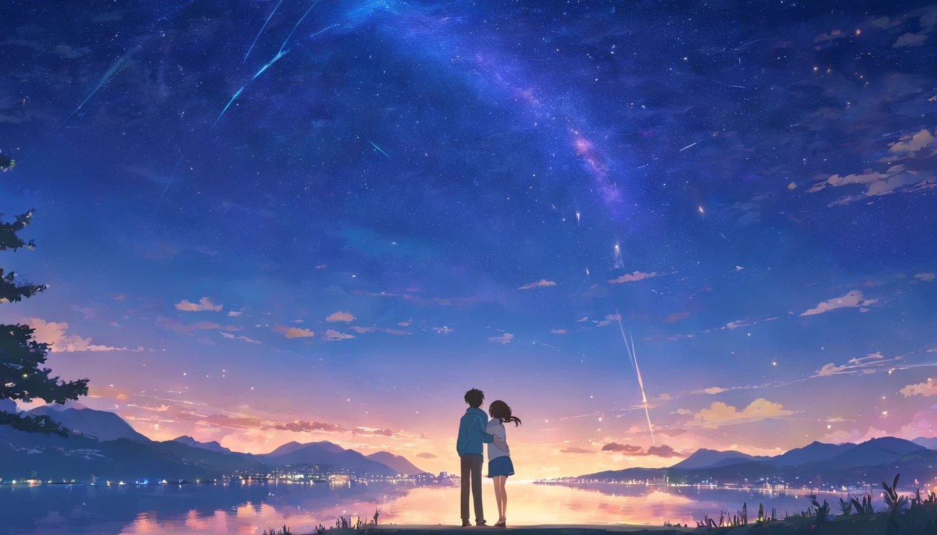 A couple in their twenties, Hugging,The entire galactic starry sky,Magnificent,Twinkling starlight,Boundless,Fantastic sights,meteor shower