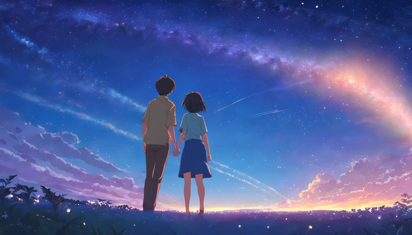 A couple in their twenties, Hugging,The entire galactic starry sky,Magnificent,Twinkling starlight,Boundless,Fantastic sights,meteor shower