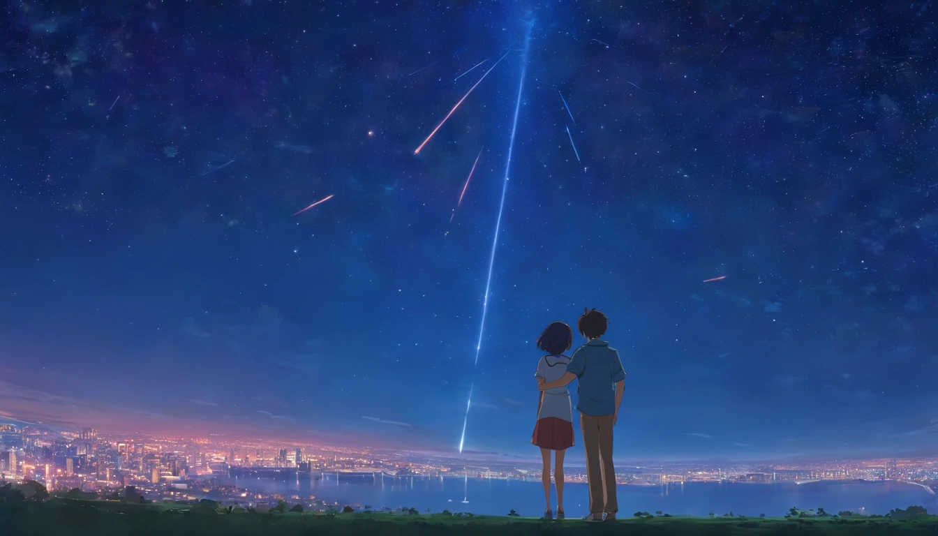 A couple in their twenties, Hugging,The entire galactic starry sky,Magnificent,Twinkling starlight,Boundless,Fantastic sights,meteor shower
