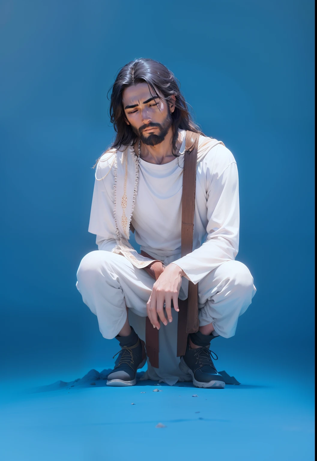 Bust image of Jesus，He walked in the middle of the desert，Contemplative。The dust was steadfast under his feet，He raised his head and looked up at the sky，engaged in a conversation with God。This image shows his deep connection with the divine，He sought wisdom and guidance，Set an example for us。