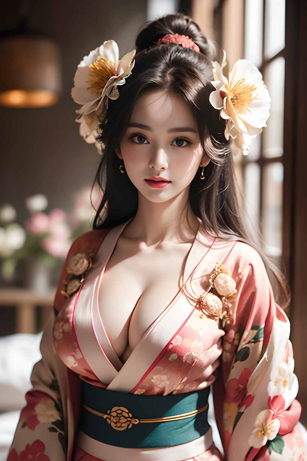 (1 young Beautiful girl), (8K, RAW Photos, Best Quality,:1.2), Highly detailed CG unified 8K wallpaper, High definition RAW color photos, Professional Photography, Cinematic lights, (Fine face:1.2), (Best Quality:1.2), ((cleavage:1.2)), (Beautiful breasts:), (Sexy and gorgeous floral kimono with wide open chest:1.5), Bare shoulders,