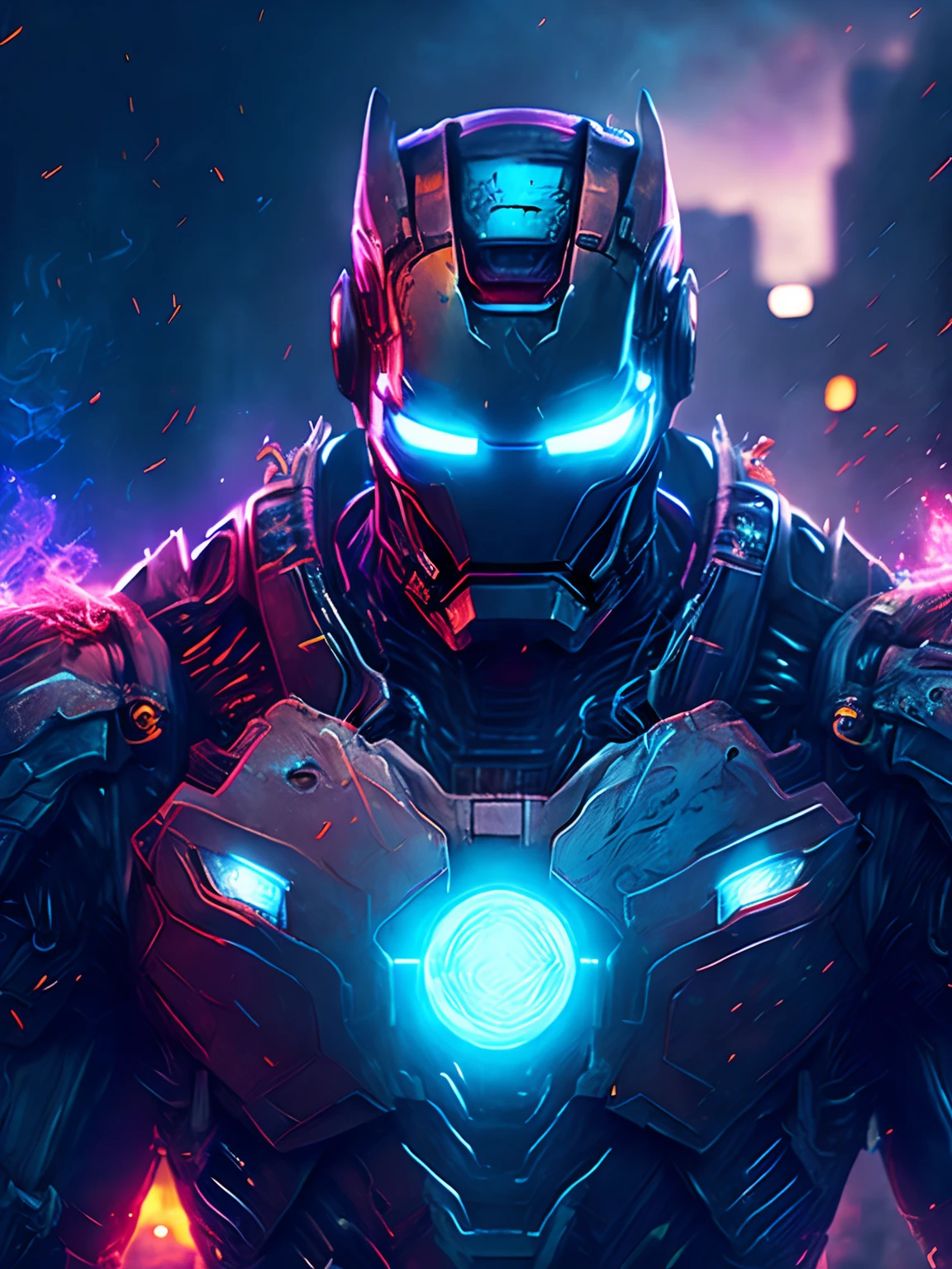 gloomy portrait of Zombie Iron Man from Marvel, extremely detailed, futuristic cityscape, nighttime, glowing neon lights, smoke, sparks, metal shavings, flying debris, blue energy effects, volumetric light