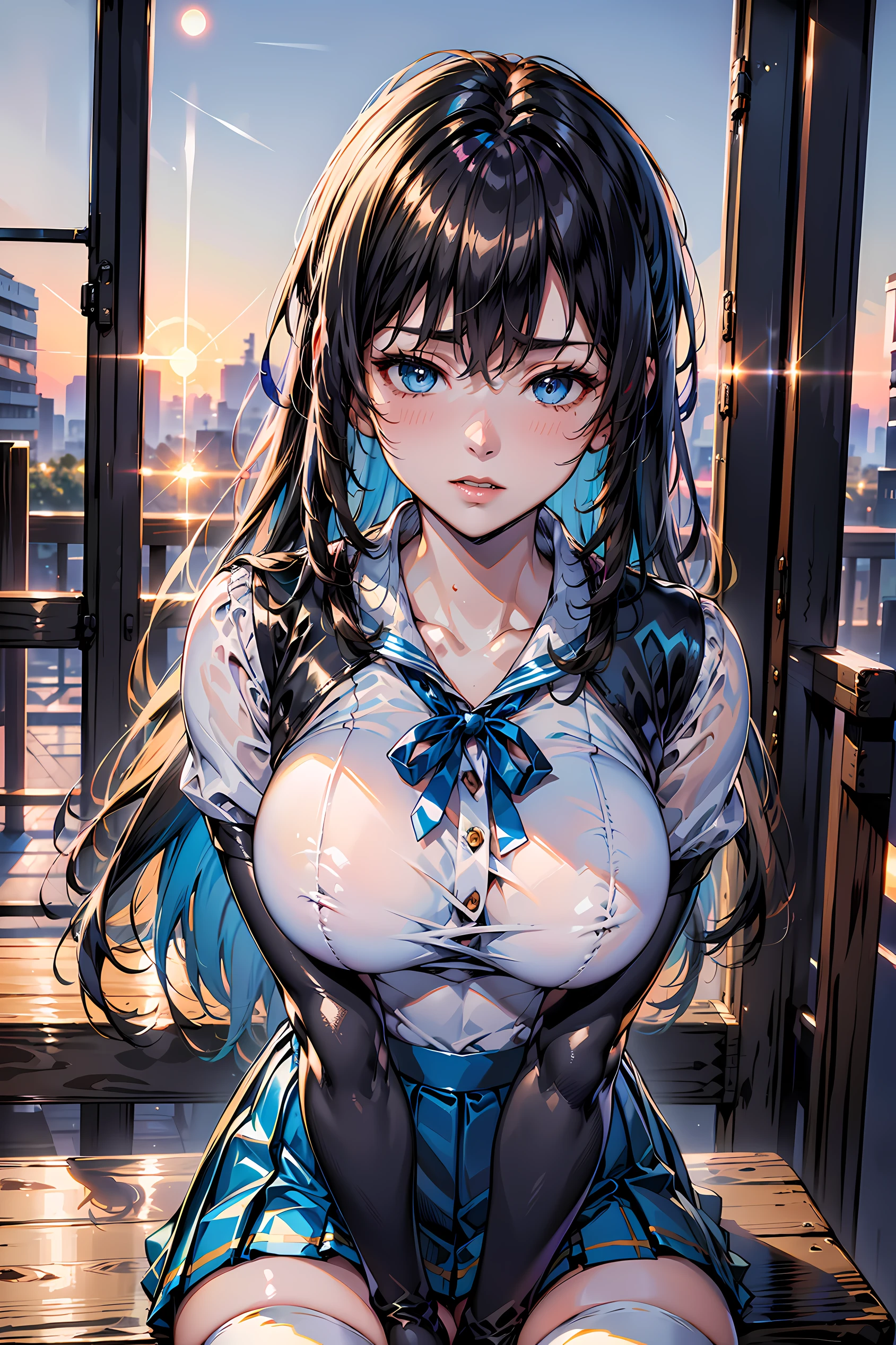 (1girl:1.3, solo), (magical girl:1.3), (upper body:1.3), (classroom:1.3,sitting on the table:1.3, under Full-Moon:1.5), (leaning forward:1.3, hands between legs:1.3), BREAK, 1girl, solo, milf, European girl, hot model, (attractive model:1.37), (promotional model:1.2), highly detailed eyes and pupils, realistic skin, ((attractive body, medium breasts:1.38, disproportionate breasts:1.38, sagging breats:1.38, thin waist:1.15)), medium-length thin hair, ((pony-tail hair style:1.3), (shiny-black hair:1.3), extremely detailed hair, delicate sexy face, sensual gaze, shiny lips, BREAK, (school girl uniform:1.3), (white leotard:1.3), (magical girl costume:1.2), (blue Sailor collar:1.3), (red ribbon:1.4), (blue pleated skirt:1.3), (micro-skirt:1.3), (no_sleeve:1.2), (long_glove:1.2), (white thighhighs:1.2), (long_boots:1.2), detailed clothes, BREAK, (blurry background:1.25, simple background, no-human background, detailed background), (under sunset:1.37), BREAK, (attractive posing), ((realistic, super realistic, realism, realistic detail)), perfect anatomy, perfect proportion, hyper sharp image, (serious emotion, closed mouth:1.2), 4fingers and thumb, perfect human hands, wind, BREAK, (Masterpiece, best quality, photorealistic, highres, photography, :1.3), ultra-detailed, sharp focus, professional photo, commercial photo,