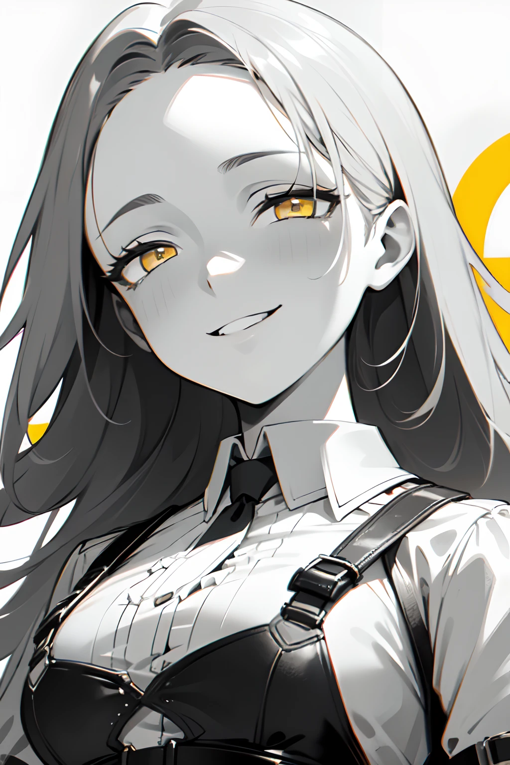 (((colored yellow eyes with greyscale background))), 1girl, woman, solo, long hair, big hair, (forehead:1.2), (round sunglasses:1.19), yellow eyes, medium breasts, devilish grin from below, white hair, (overcoat, black coat, open coat:1.2), white shirt, collared shirt, (chest harness, shoulder strap:1.15), black leather shorts, garter belt, gloves, ((from below)), elegant, looking at viewer, standing, chromatic aberration, (close-up to face:1.2), face only masterpiece, best quality, 4k