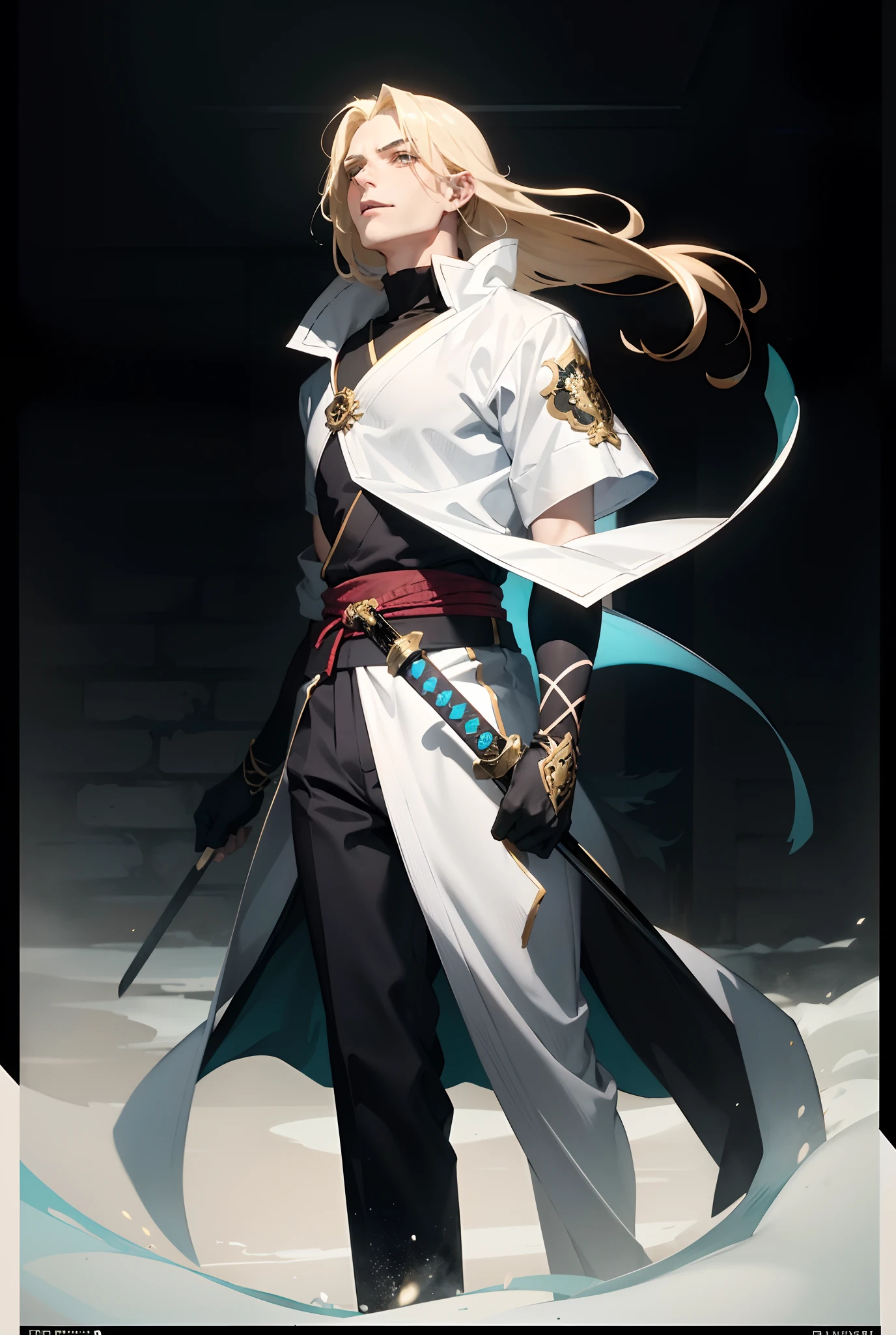 A young man with flowing golden hair, well-defined facial features, a haughty and wide gaze, mad laughter, he wears a loose robe that blends elements of fantasy and martial arts styles, the design blends the aesthetics of a forest ranger and a wandering swordsman, featuring a long and flowing hem, his loose trousers match the color of his robe, wearing glove-style leather wrist guards, he wields a longsword with a white scabbard, a longsword with a white scabbard, he stands in a sinister and terrifying wilderness, shrouded in eerie mist, numerous translucent skulls float around, purple mist coils around the skulls, this character embodies a finely crafted Chinese martial hero design in anime style, characterized by a sophisticated and mature manga illustration art style, high definition, best quality, highres, ultra-detailed, ultra-fine painting, extremely delicate, professional, anatomically correct, symmetrical face, extremely detailed eyes and face, high quality eyes, creativity, RAW photo, UHD, 8k, Natural light, cinematic lighting, masterpiece:1.5