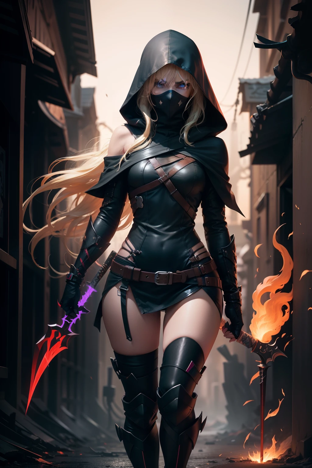 Rogue assassin girl, wearing a hood, blonde hair, shrouded in shadows, holding a flaming dagger in each hand, vibrant glowing abyssal colors, entirely in frame, FULL BODY, radiating electrical energy, shoulder length messy hair