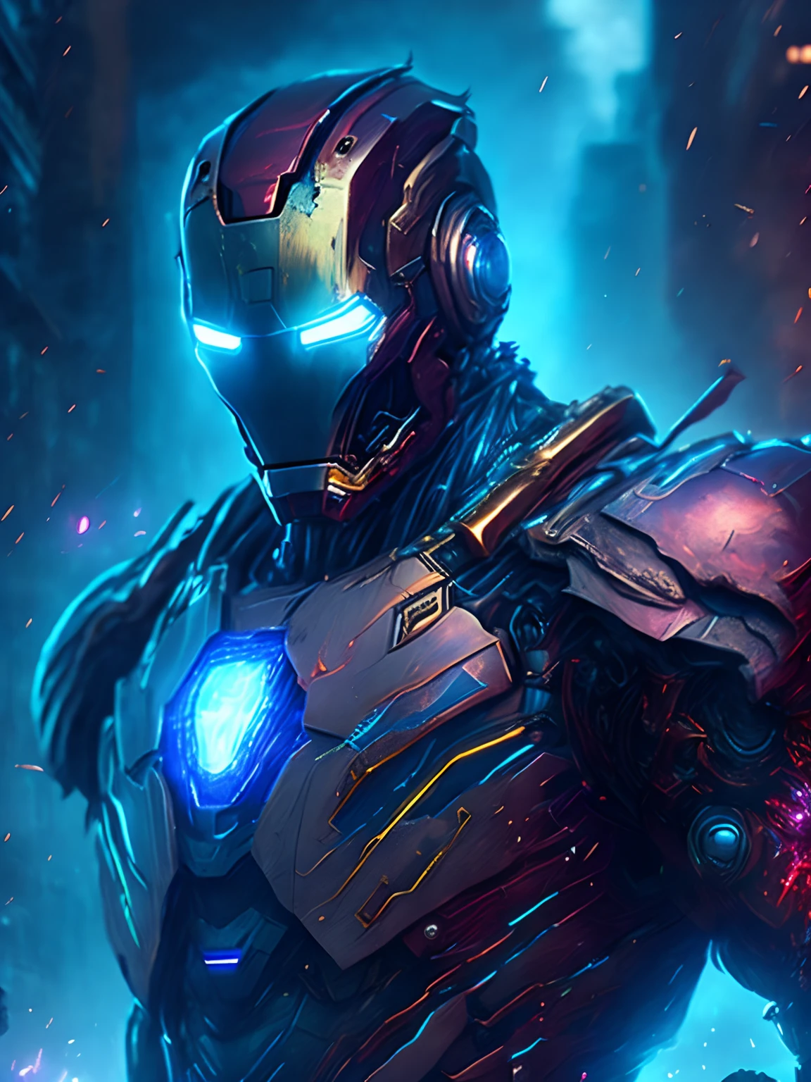 gloomy portrait of Zombie Iron Man from Marvel, extremely detailed, futuristic cityscape, nighttime, glowing neon lights, smoke, sparks, metal shavings, flying debris, blue energy effects, volumetric light