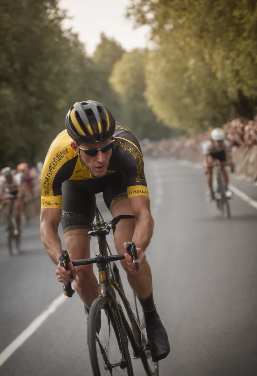 (a realistic, high quality, 4K) cyclist pedaling on a wide road, alone, with trees lining both sides of the road, focusing on the cyclist's face. The cyclist is wearing a competition-style biking outfit. The details of the cyclist's face and expression should be extremely detailed and realistic. The lighting should highlight the cyclist's face and create a dramatic atmosphere. The colors should be vivid and vibrant, with a focus on the cyclist. The overall scene should have a photorealistic style, with sharp focus and professional studio lighting. The cyclist's bike should be in pristine condition, with ultra-fine painting and finely detailed components. The road should have a smooth surface, showcasing the cyclist's speed and agility.