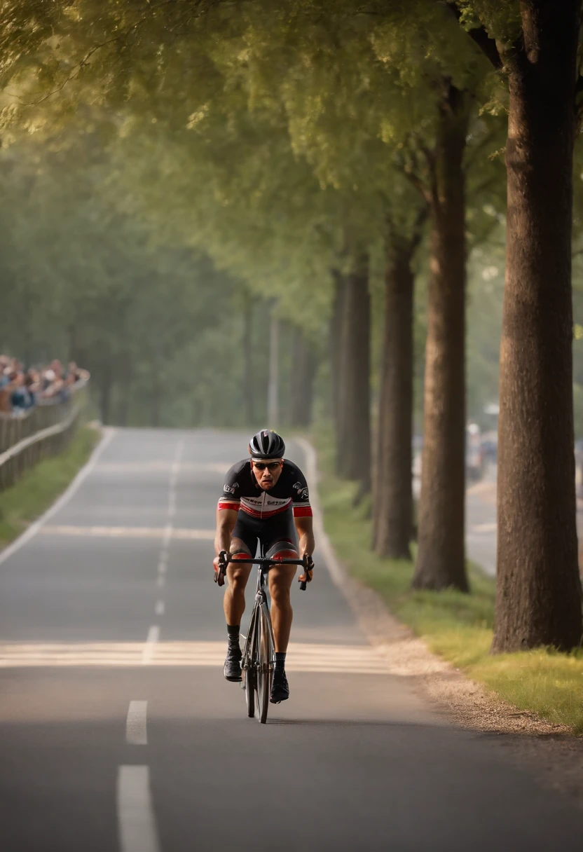 (a realistic, high quality, 4K) cyclist pedaling on a wide road, alone, with trees lining both sides of the road, focusing on the cyclist's face. The cyclist is wearing a competition-style biking outfit. The details of the cyclist's face and expression should be extremely detailed and realistic. The lighting should highlight the cyclist's face and create a dramatic atmosphere. The colors should be vivid and vibrant, with a focus on the cyclist. The overall scene should have a photorealistic style, with sharp focus and professional studio lighting. The cyclist's bike should be in pristine condition, with ultra-fine painting and finely detailed components. The road should have a smooth surface, showcasing the cyclist's speed and agility.