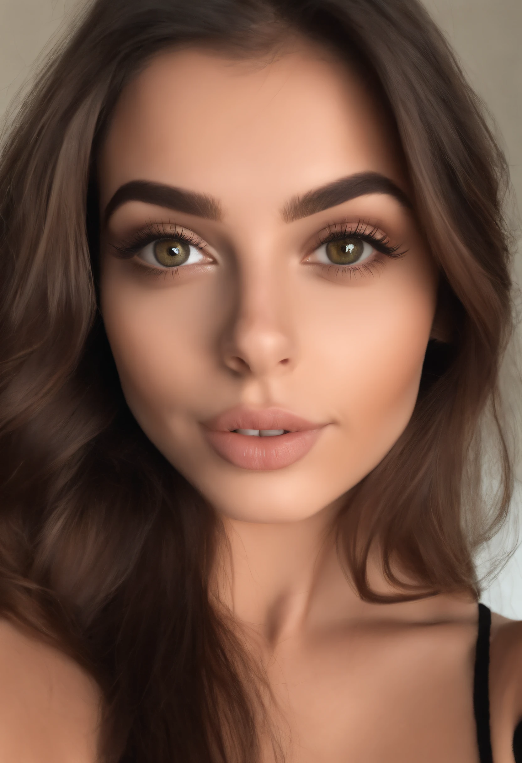 arafed woman with a dark green tank top, sexy girl with brown eyes, portrait sophie mudd, brown hair and large eyes, selfie of a young woman, bedroom eyes, violet myers, without makeup, natural makeup, looking directly at the camera, face with artgram, subtle makeup, stunning full body shot, piercing brown eyes