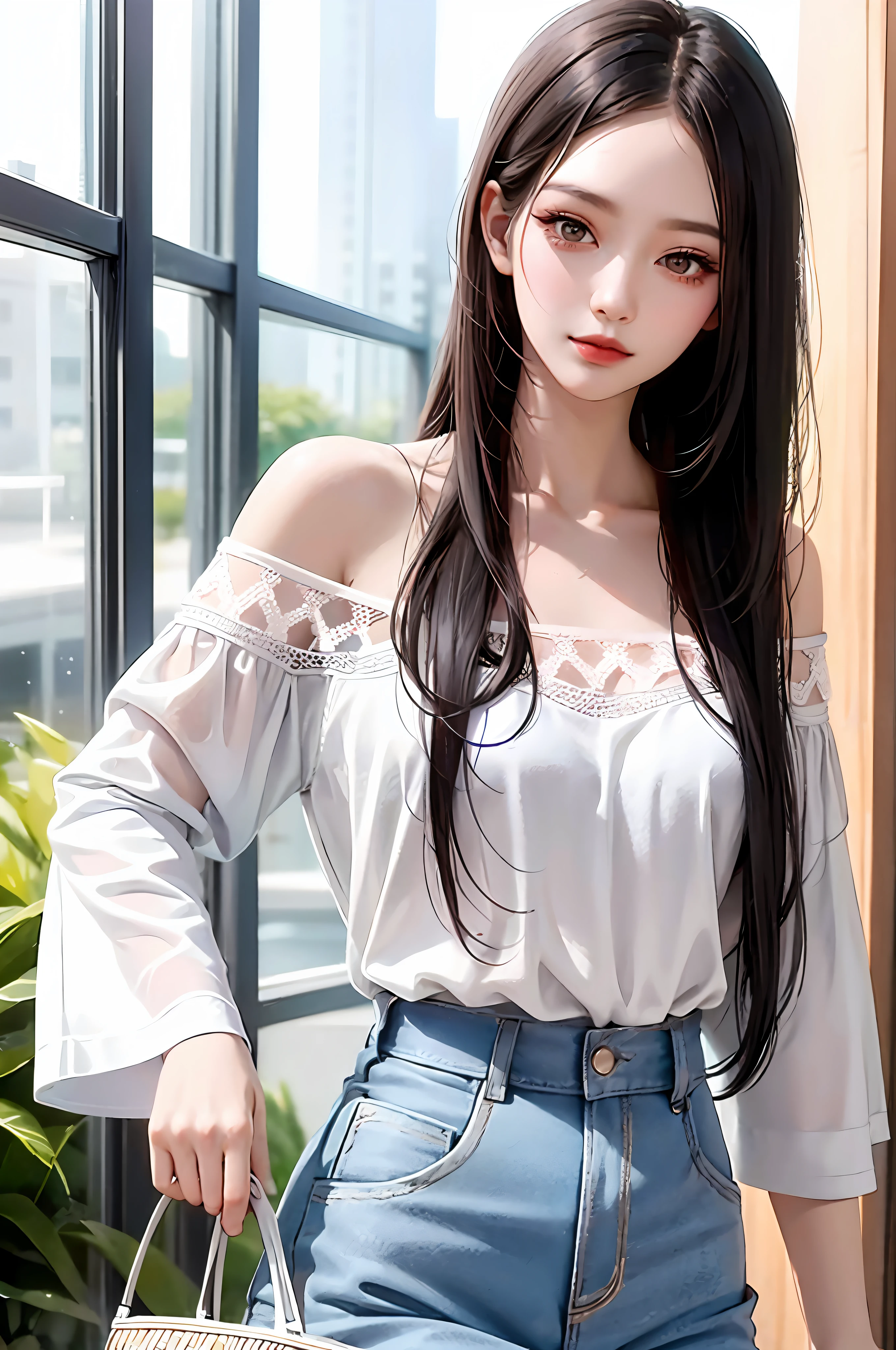 Fashion trendy beautiful and charming woman, gentle and charming Chinese beautiful woman, delicate and sexy collarbone, charming oval face, double eyelids, smart peach blossom eyes, pink lips, small nose, bare shoulders, focus on the face, close-up of the face, Ultra-high-definition, super-detailed, the white off-the-shoulder shirt perfectly echoes the light blue slit skirt, fresh and impressive