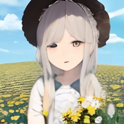 obra-prima, melhor qualidade, 1st grade, sozinho, cabelo longo, Olhando_em_visualizador, sorrir, franja, curto, sem camisa, Mangas compridas, kalap, Arco, segurando, fechado_boca, Hair_flor, Petals, bouquet, propriedade_flor, centro_Frescuras, bonnet, Campo de flores, arte linear, monocromatic, menino, Muscle,