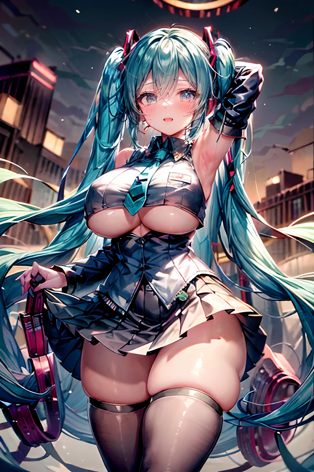 Create an image for the cover of Chapter 6 of the book '2067' with hatsune miku facing the viewer looking concerned,1girl, aqua_hair, areolae, bare_shoulders, black_legwear, blue_hair, blush, breasts, cosplay, gigantic_breasts, gloves, gradient_hair, grey_background, hatsune_miku, hatsune_miku_\(cosplay\), huge_breasts, long_hair, multicolored_hair, necktie, plump, skindentation, skirt, sleeveless, solo, standing, thick_thighs, thighhighs, thighs, twintails, underboob, underboob_cutout, undersized_clothes,thicc,wide hips,seductive pose,seductive smile, where a futuristic city is depicted completely destroyed, due to a virtual reality game that has contaminated people's minds. The image should convey the feeling of chaos, desolation and destruction, with destroyed buildings, empty streets and the striking presence of technology. Use dark and cool colors to create a dark and desperate mood, and ensure that the message conveyed is impactful and exciting for readers.