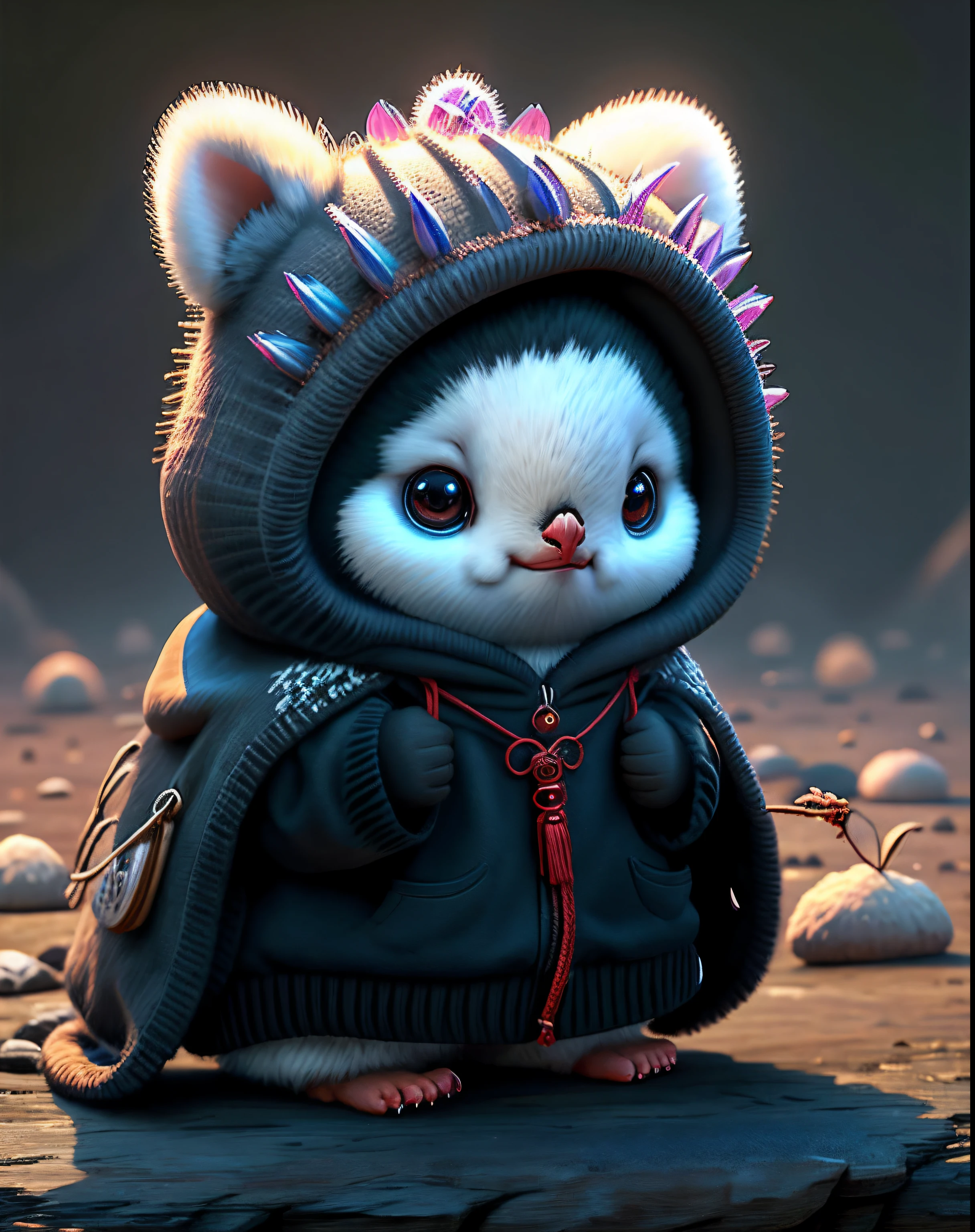 Top image quality、"Create cute creature masterpieces with inspired ultra-detailed concept art. Let your imagination come alive", （Adelie Penguins）, high detailing, in 8K、Top image quality、Dressed as a priest in the game、Using a bogan、Cool pose、No prevention or hood crown