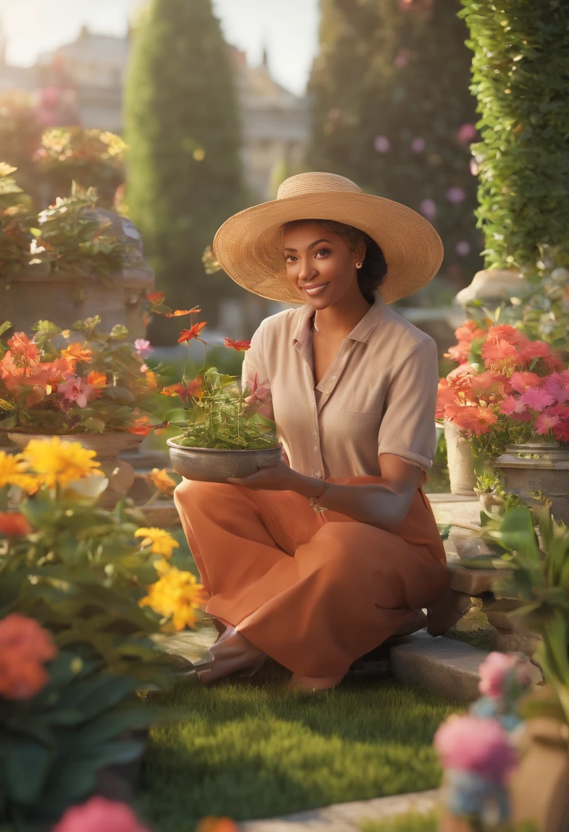 A picture of Latifah Fleuranza gardening in the Royal Palace garden during the morning taken with a DSLR camera with a macro lens, natural lighting, and a close-up angle.