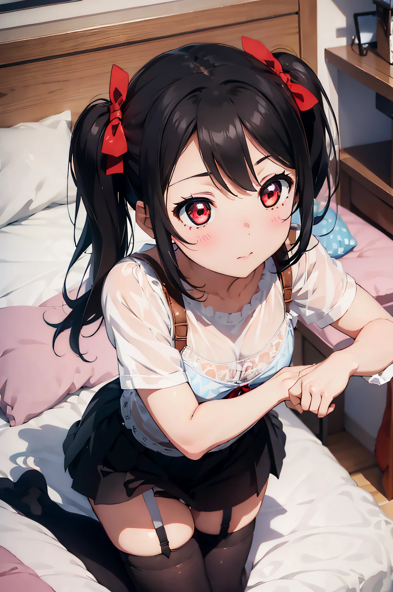 1girl, solo, yazawa nico, twintails, (red eyes), black hair, hair bow, single sidelock, small breasts, highres, best quality, high details, masterpiece, UHD, anatomically correct, textured skin, 8k, only transparent lingerie, leather thighhighs, from above, in bed, blush,