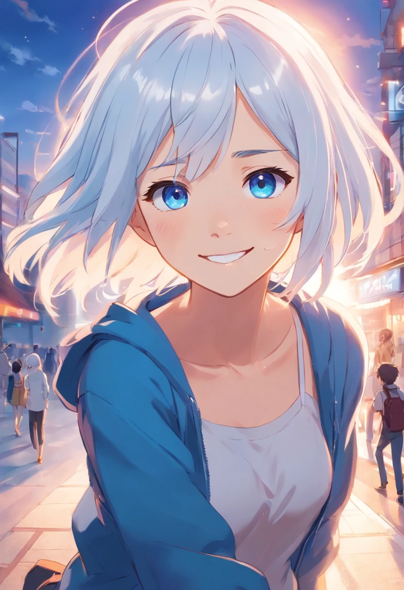 white hair blue eyes anime girl smiling cute
