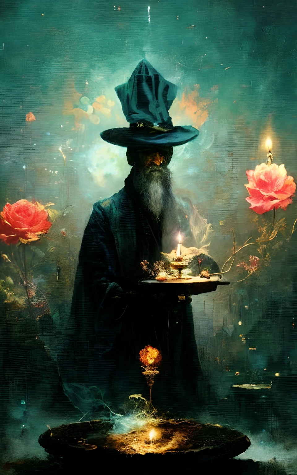a painting of a man with a hat and a candle, fantasy victorian art, dark flower shaman, spell casting wizard, emerald gold and beksinski, sorcerer magic witch, by Paul Lehr, inspired by gaston bussiere, mystic alchemical occult art, spell casting, by François Bocion, occult aesthetics alchemy, flower shaman, magick