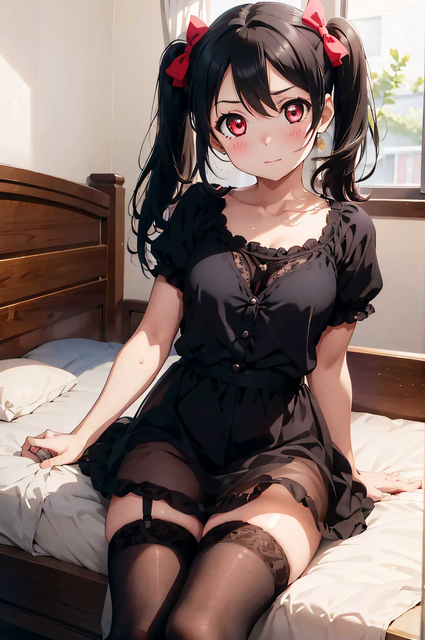 1girl, solo, yazawa nico, twintails, (red eyes), black hair, hair bow, single sidelock, small breasts, highres, best quality, high details, masterpiece, UHD, anatomically correct, textured skin, 8k, see-through lingerie, thighhighs, from under, in bed, blush,