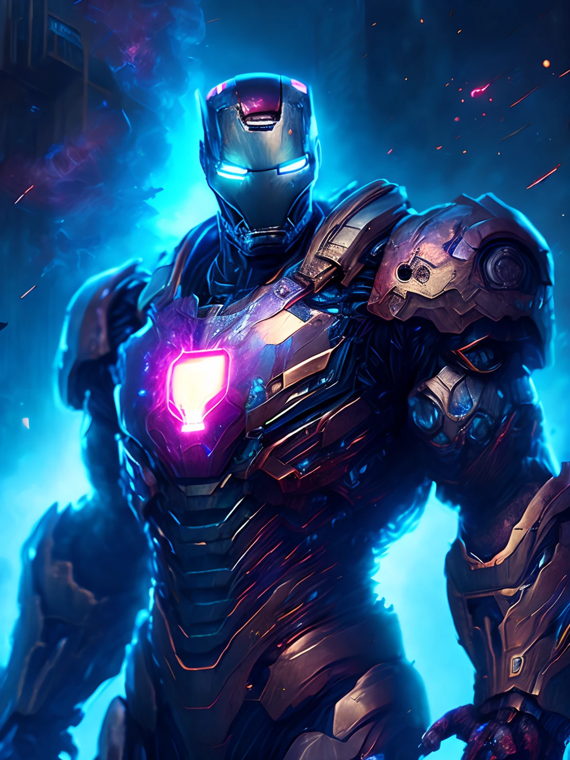 gloomy portrait of Zombie Iron Man from Marvel, extremely detailed, futuristic cityscape, nighttime, glowing neon lights, smoke, sparks, metal shavings, flying debris, blue energy effects, volumetric light