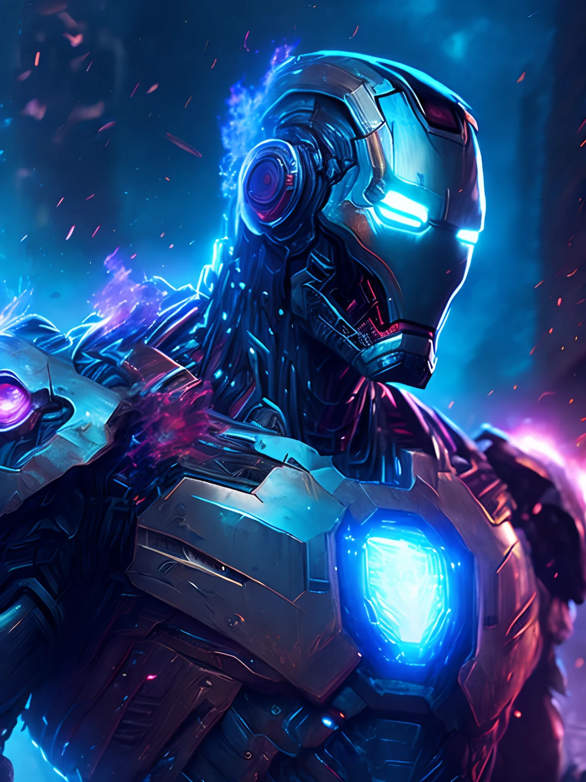 gloomy portrait of Zombie Iron Man from Marvel, extremely detailed, futuristic cityscape, nighttime, glowing neon lights, smoke, sparks, metal shavings, flying debris, blue energy effects, volumetric light