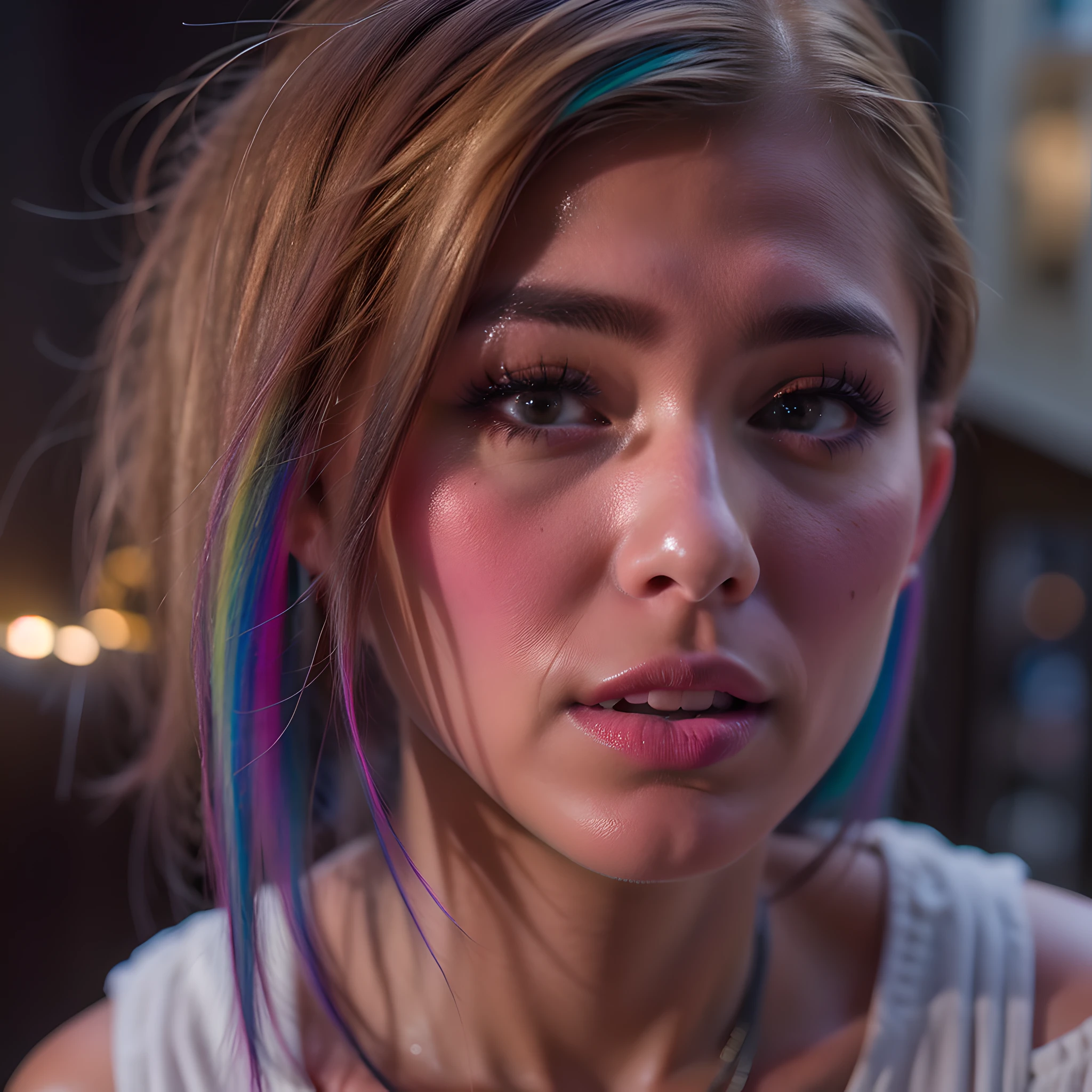dskflll, 1girl, solamente, A woman with rainbow hair, incredibly detailed beauty,brown eyes, Rim Lighting, Kinematic ,luci ,Photo quality, vivid, Colores Kodak, Concepto 8K, 128k, DSLR de 108mp, dskflll
