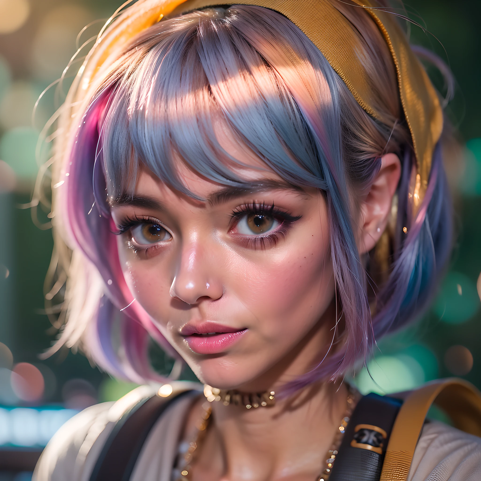 dskflll, 1girl, solamente, A woman with rainbow hair, incredibly detailed beauty,brown eyes, Rim Lighting, Kinematic ,luci ,Photo quality, vivid, Colores Kodak, Concepto 8K, 128k, DSLR de 108mp, dskflll