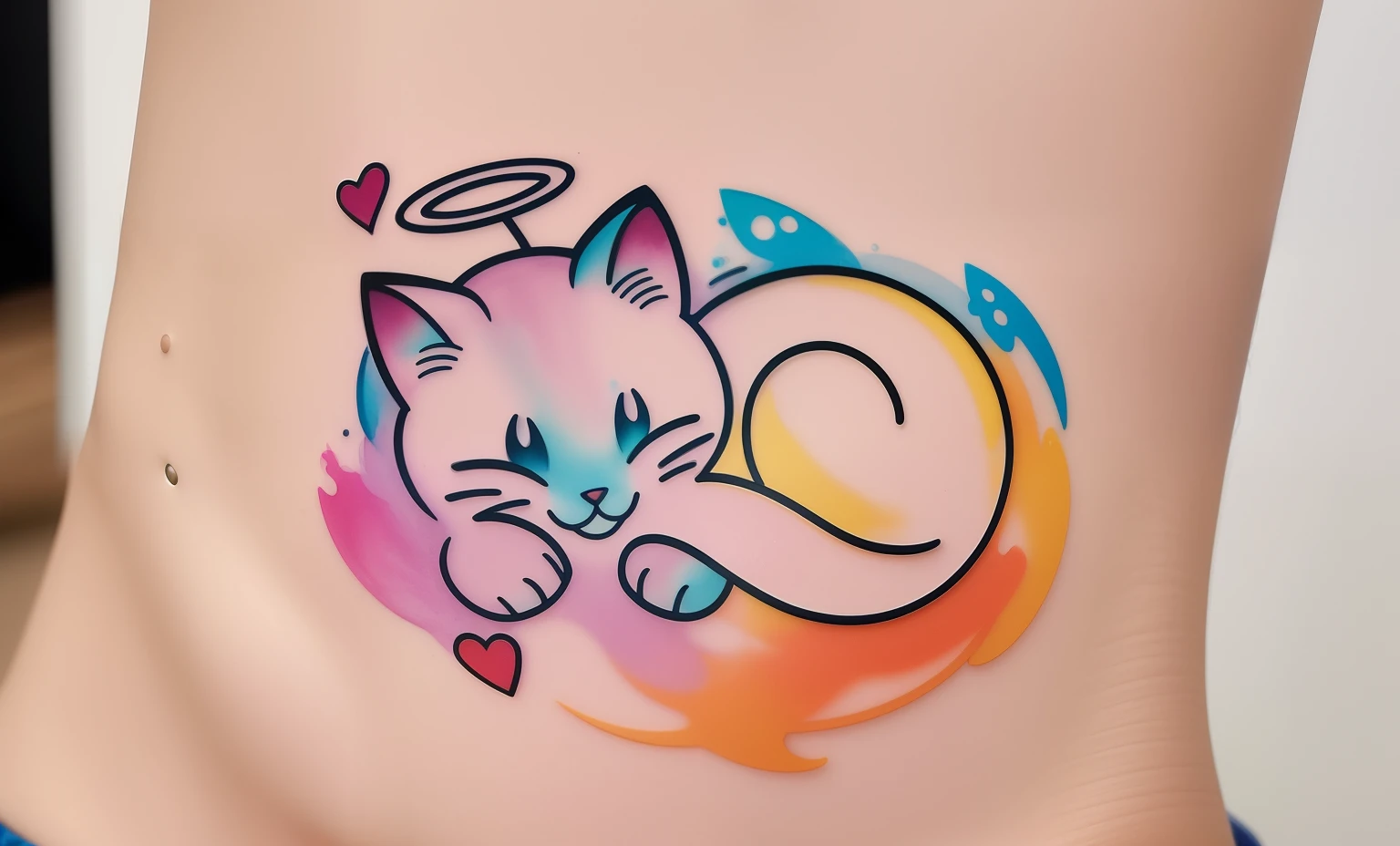 um close up de uma tatuagem de gato no tornozelo de uma pessoa, uma tatuagem de uma raposa, cute colorful adorable, anime manga robot!! tatuagem do gato, tatuagens do pinterest, Rainbow splash paint, com tinta e cor, Aquarela, a full-color airbrushed, Tinta colorida, design do gato, Tinta colorida, cores brilhantes, infinity symbol like a cat