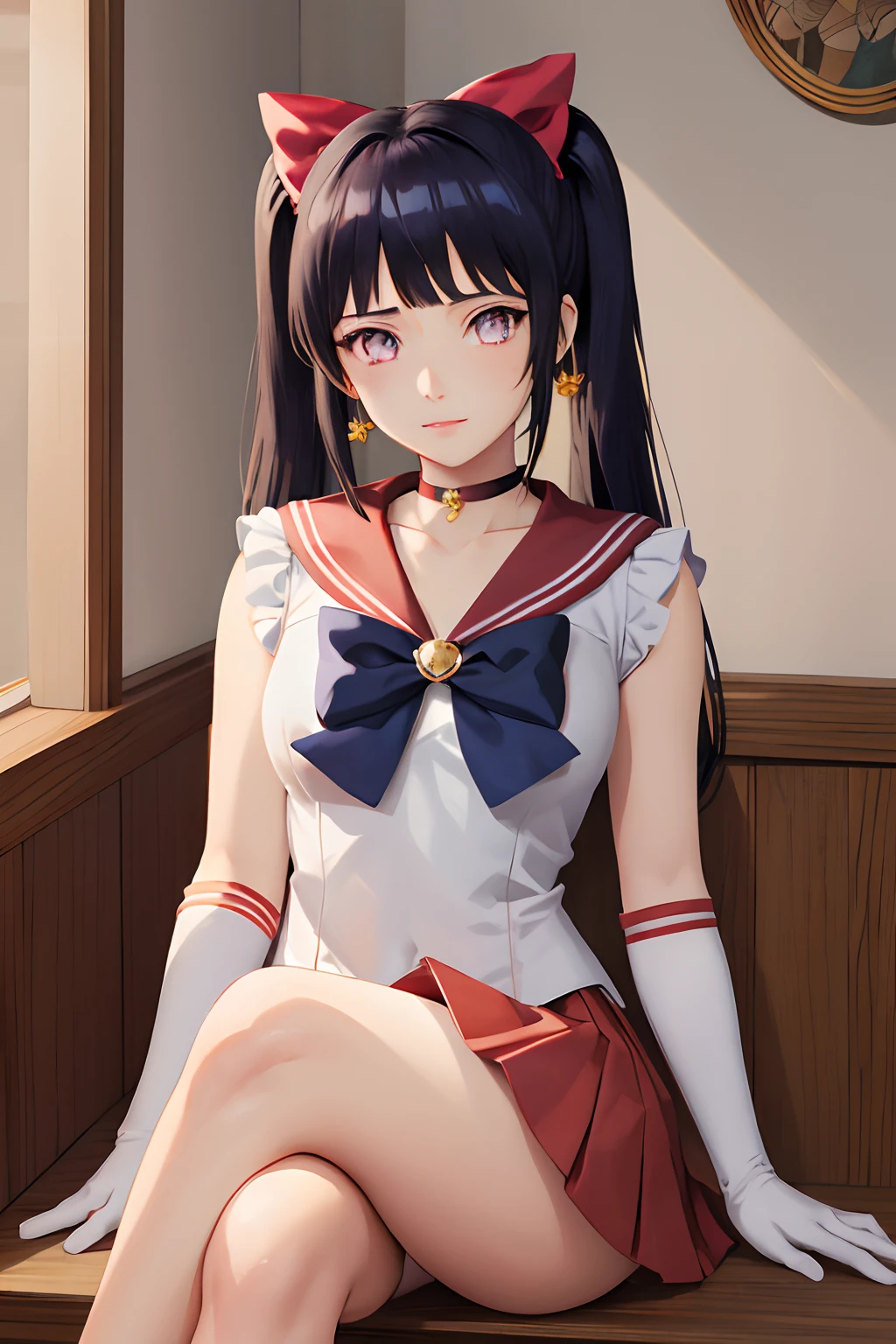 masterpiece, best quality, highres, venus1, 1girl, solo, sailor senshi uniform, sailor venus, dark blue hair, magical girl, purple eyes, red skirt, elbow gloves, tiara, pleated skirt, hair bow, red sailor collar, miniskirt, choker, pink bow, red choker, white gloves, long hair,  jewelry,  earrings, sitting, crossed legs, Blunt Bangs, twintail