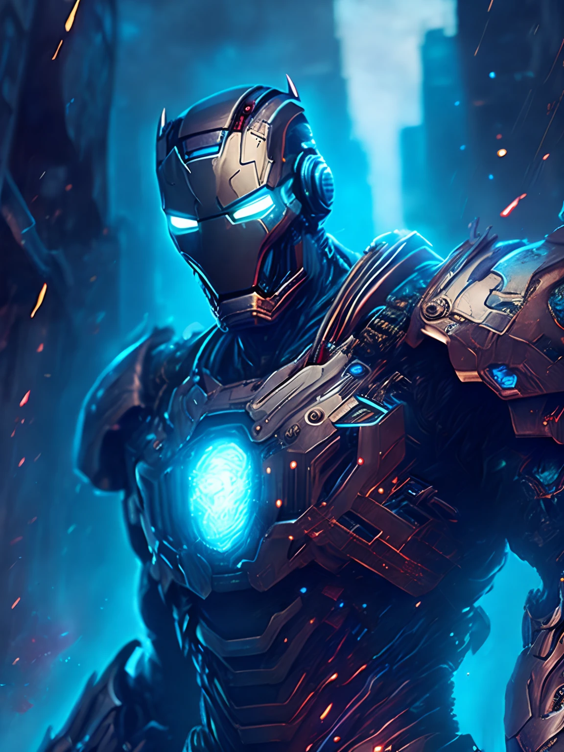 gloomy portrait of Zombie Iron Man from Marvel, extremely detailed, futuristic cityscape, nighttime, glowing neon lights, smoke, sparks, metal shavings, flying debris, blue energy effects, volumetric light