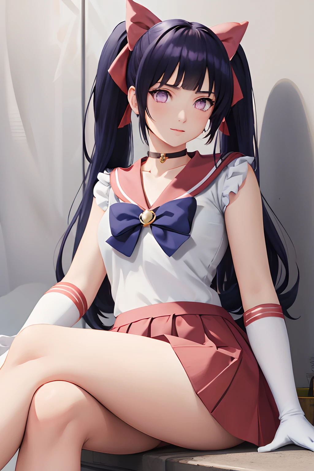 masterpiece, best quality, highres, venus1, 1girl, solo, sailor senshi uniform, sailor venus, medium dark blue hair, magical girl, purple eyes, red skirt, elbow gloves, tiara, pleated skirt, hair bow, red sailor collar, miniskirt, choker, pink bow, red choker, white gloves, medium hair,  jewelry,  earrings, sitting, crossed legs, Blunt Bangs