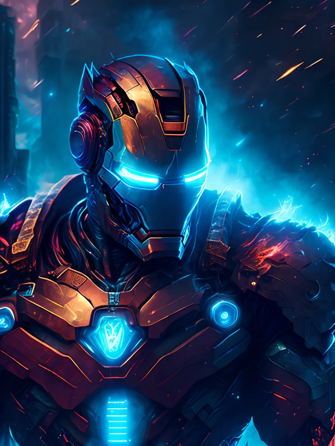 gloomy portrait of Zombie Iron Man from Marvel, extremely detailed, futuristic cityscape, nighttime, glowing neon lights, smoke, sparks, metal shavings, flying debris, blue energy effects, volumetric light