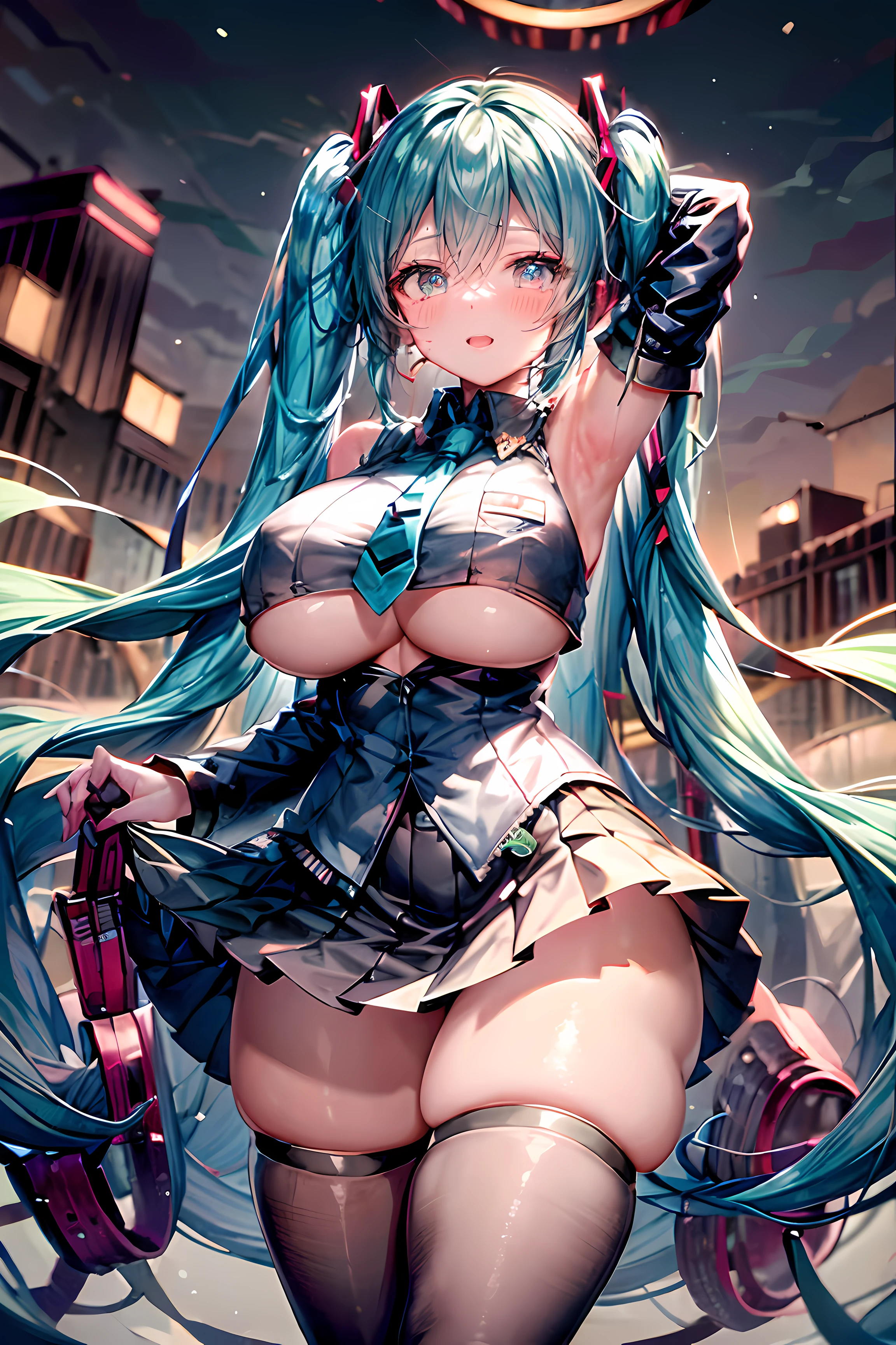 Create an image for the cover of Chapter 6 of the book '2067' with hatsune miku facing the viewer looking concerned,1girl, aqua_hair, areolae, bare_shoulders, black_legwear, blue_hair, blush, breasts, cosplay, gigantic_breasts, gloves, gradient_hair, grey_background, hatsune_miku, hatsune_miku_\(cosplay\), huge_breasts, long_hair, multicolored_hair, necktie, plump, skindentation, skirt, sleeveless, solo, standing, thick_thighs, thighhighs, thighs, twintails, underboob, underboob_cutout, undersized_clothes,thicc,wide hips,seductive pose,seductive smile, where a futuristic city is depicted completely destroyed, due to a virtual reality game that has contaminated people's minds. The image should convey the feeling of chaos, desolation and destruction, with destroyed buildings, empty streets and the striking presence of technology. Use dark and cool colors to create a dark and desperate mood, and ensure that the message conveyed is impactful and exciting for readers.