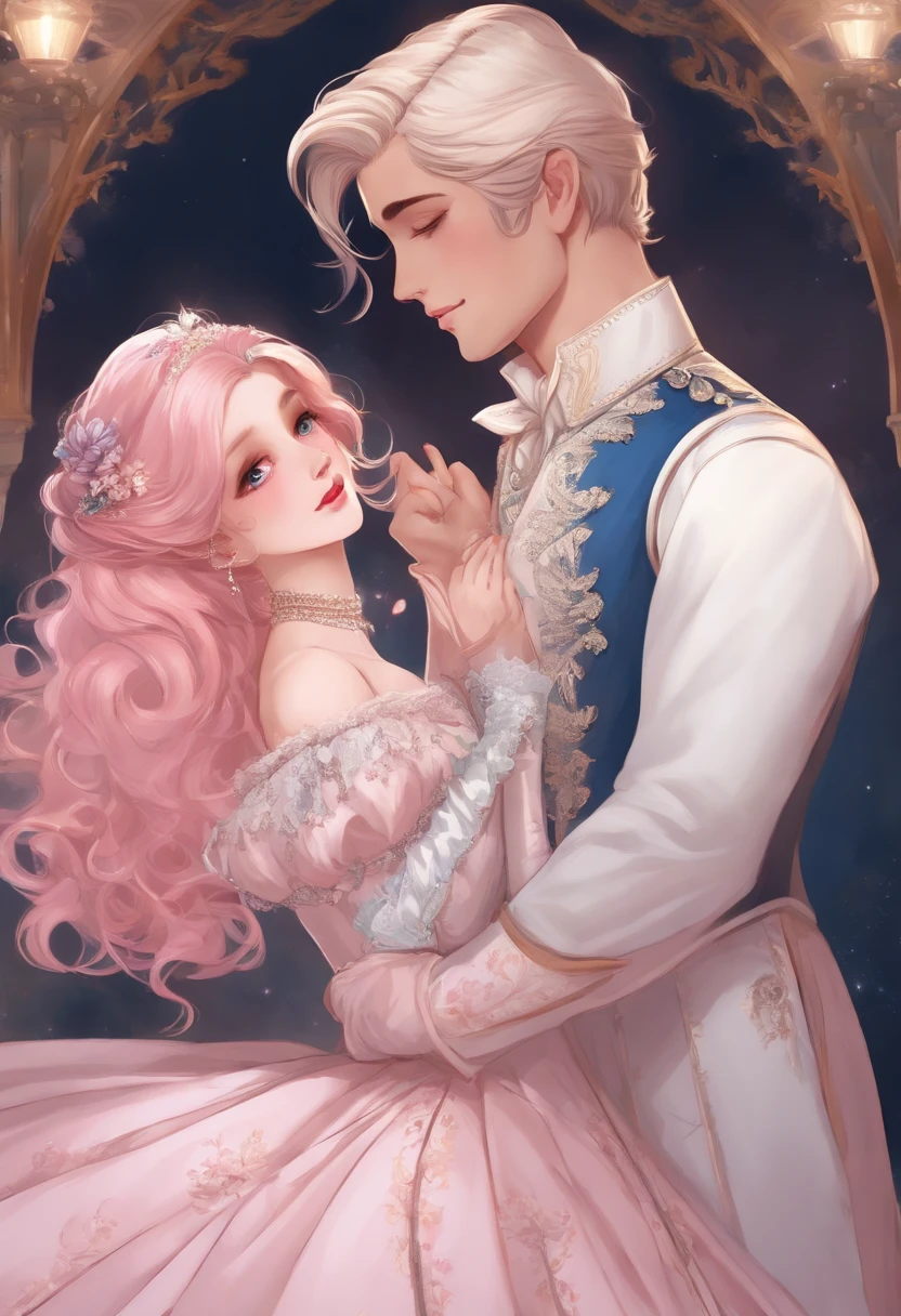 A girl with light pink hair, blue eyes, and white eyelashes, wearing a beautiful blue Victorian dress, holding her face. A huge man with black hair and red eyes, with a beautiful smile, puts his hand on her waist, dressed like a duke, like a prince and princess.