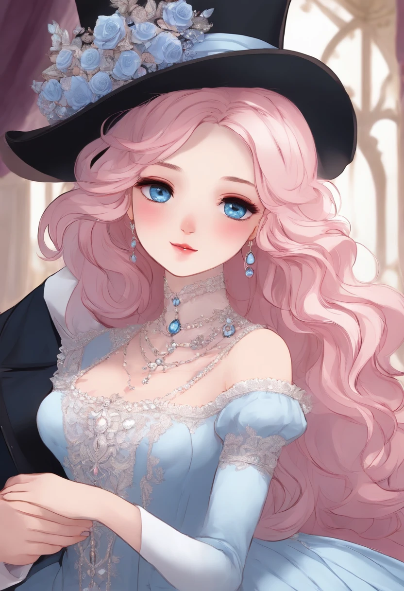 A girl with light pink hair, blue eyes, and white eyelashes, wearing a beautiful blue Victorian dress, holding her face. A huge man with black hair and red eyes, with a beautiful smile, puts his hand on her waist, dressed like a duke, like a prince and princess.