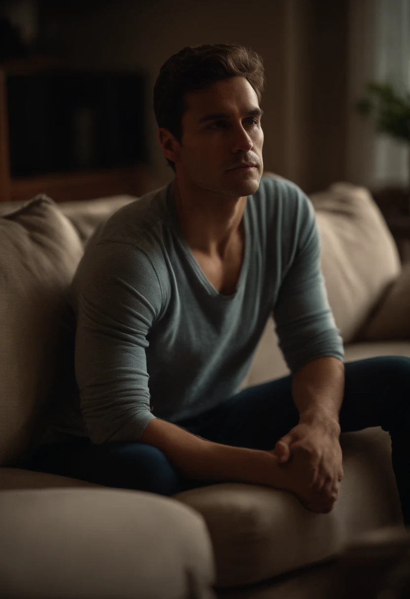 Jovem de 25 anos, rosto triste, folded arms, sitting on a couch in a softly lit house,