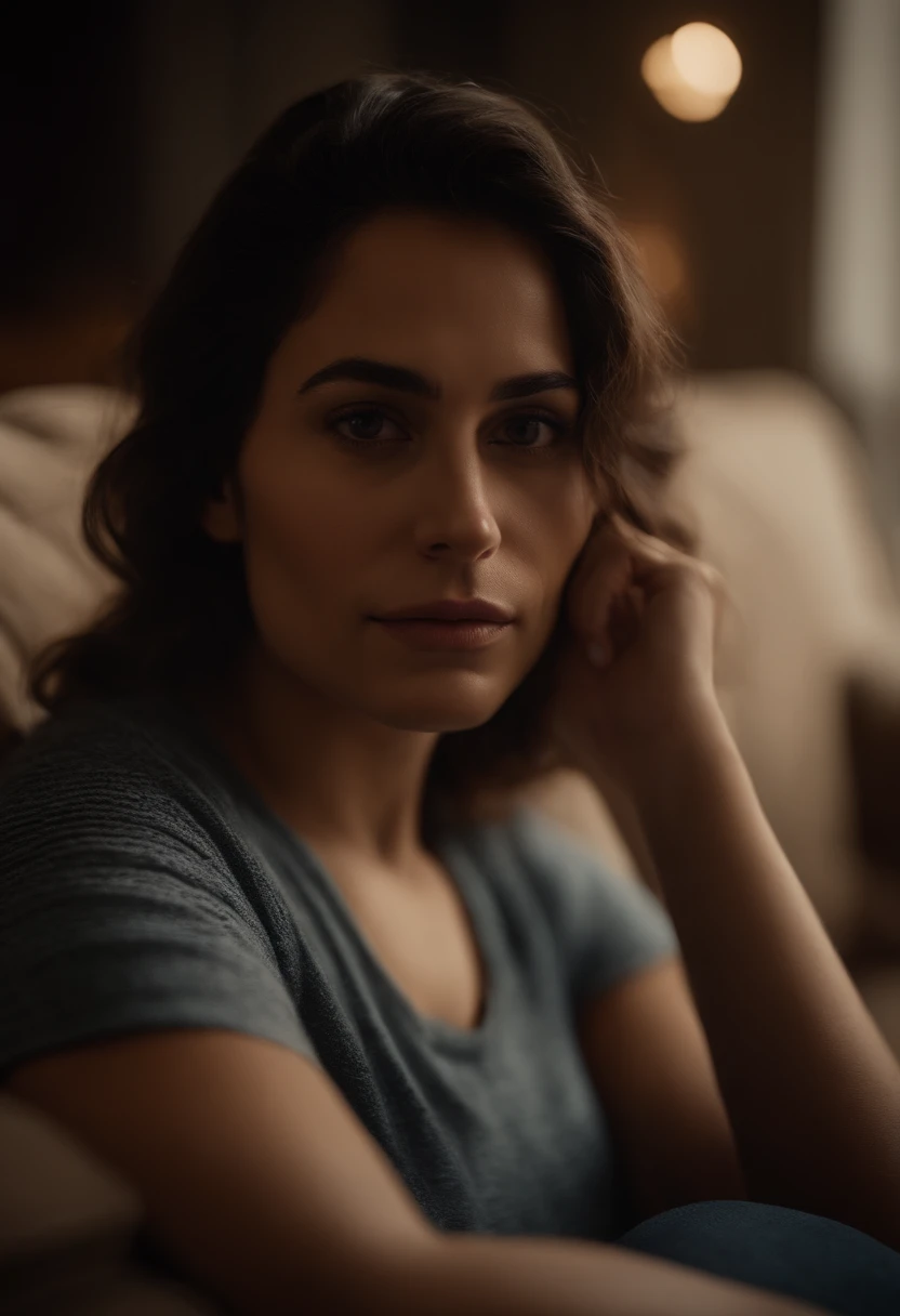 Jovem de 25 anos, rosto triste, folded arms, sitting on a couch in a softly lit house,