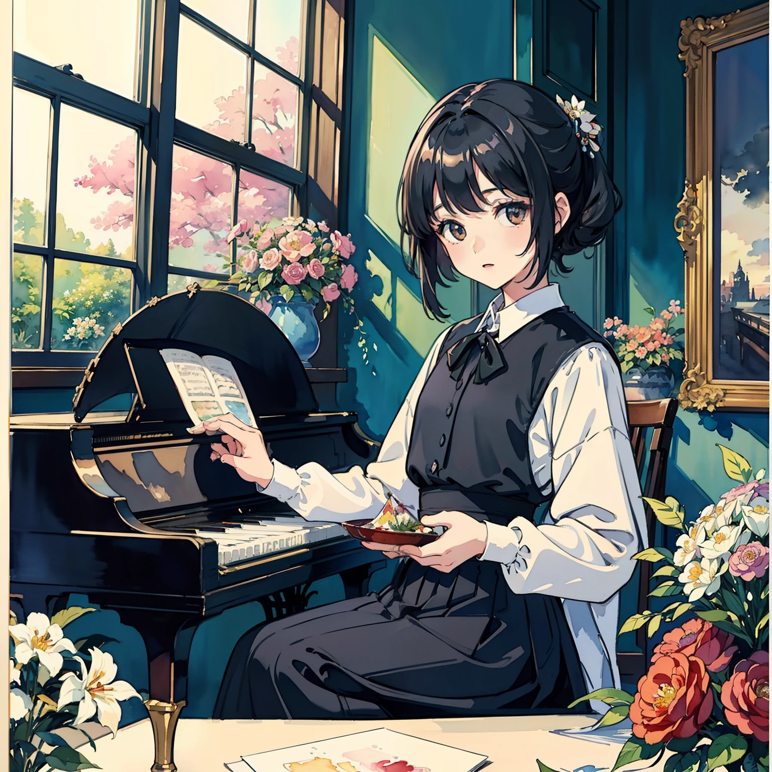 ((Watercolor by singer Sargent))、(top-quality、masterpiece)、1girl in、、A stunning、Short black hair、Rin々Shiime、tiny chest、校服、long skirt、piano、atlibrary、Boken、Flower Shop、The table、florals、window、houseplant、 The tree,