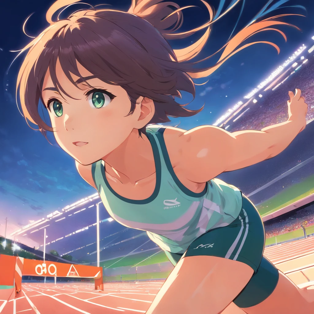 Menina em uma pista de atletismo observando os atletas treinando