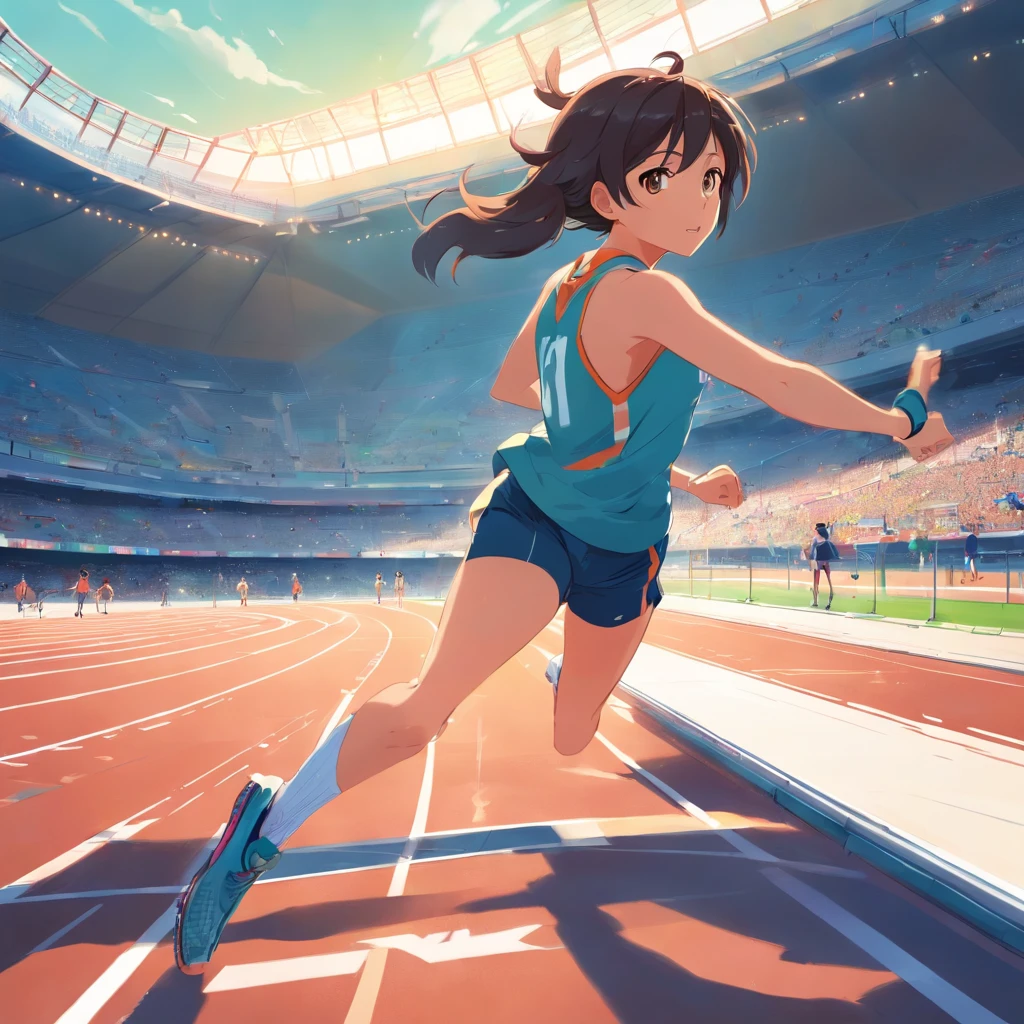 Menina em uma pista de atletismo observando os atletas treinando