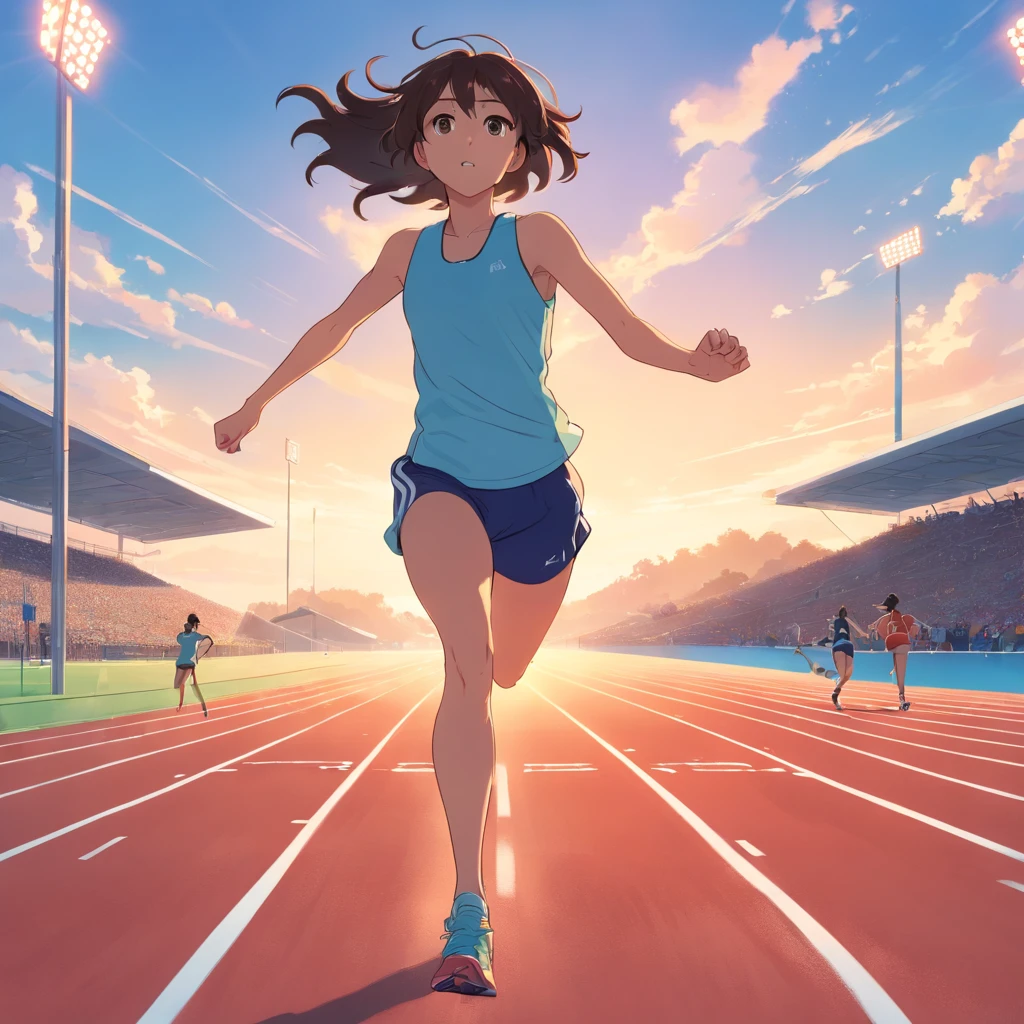 Menina em uma pista de atletismo observando os atletas treinando