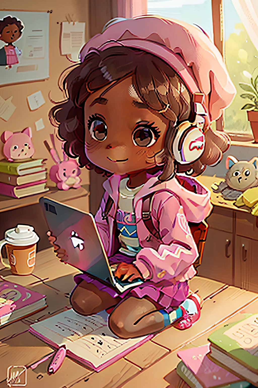 (masterpiece), (best quality), (ultra-detailed), (full body), 1Afro girl, chibi,cute, smile, with laptop in hand kneeling in floor, playing music, pink beret, pink jacket, shirt, back power hair, white headwear, blurry, black hair, blush stickers, long sleeves, blue headphones, books, (beautiful detailed face), (beautiful detailed brown eyes), (beautiful detailed brown skin) EasyNegative
