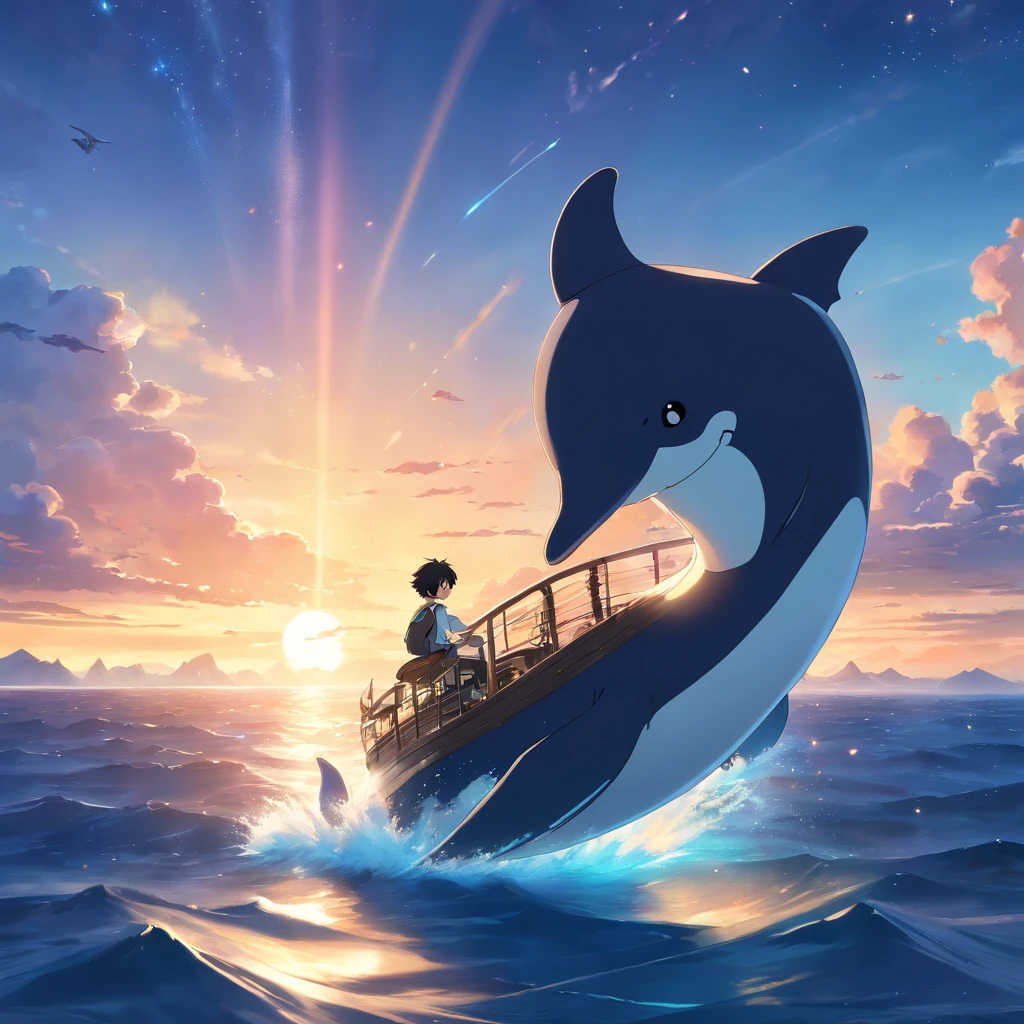 "(best quality,4k,8k,highres,masterpiece:1.2),ultra-detailed,(realistic,photorealistic,photo-realistic:1.37),black boy riding a flying whale,flying pirate ship,breathtaking beautiful dreamy sky,breathtaking beautiful ocean,seen from distance,front view,sunset,stars"