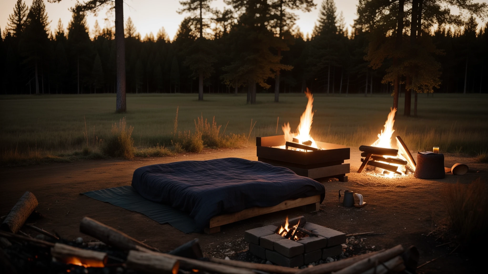 A conventional bed that is out of context or incongruously in the middle of a field by the fire of a campfire at night the image is extremely relaxing and pleasant and inspires to lie down to sleep in that bed in high resolution and realistic has to be the image