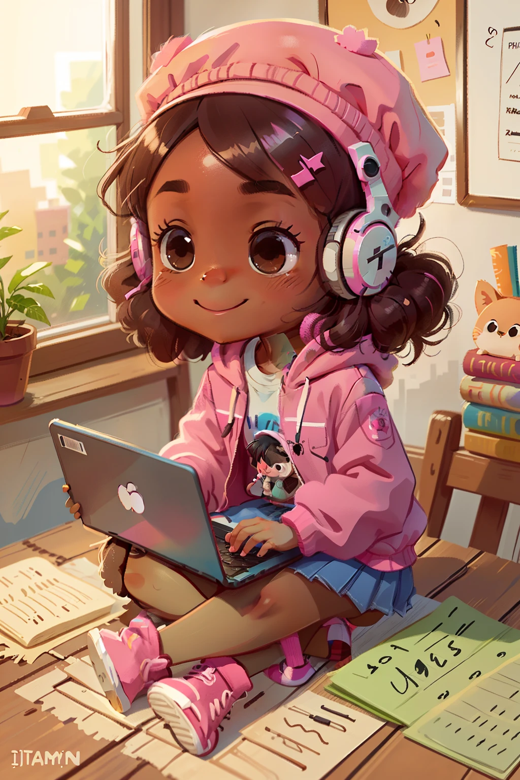 (masterpiece), (best quality), (ultra-detailed), (full body), 1Afro girl, chibi,cute, smile, with laptop in hand kneeling in floor, playing music, pink beret, pink jacket, shirt, back power hair, white headwear, blurry, black hair, blush stickers, long sleeves, blue headphones, books, (beautiful detailed face), (beautiful detailed brown eyes), (beautiful detailed brown skin) EasyNegative