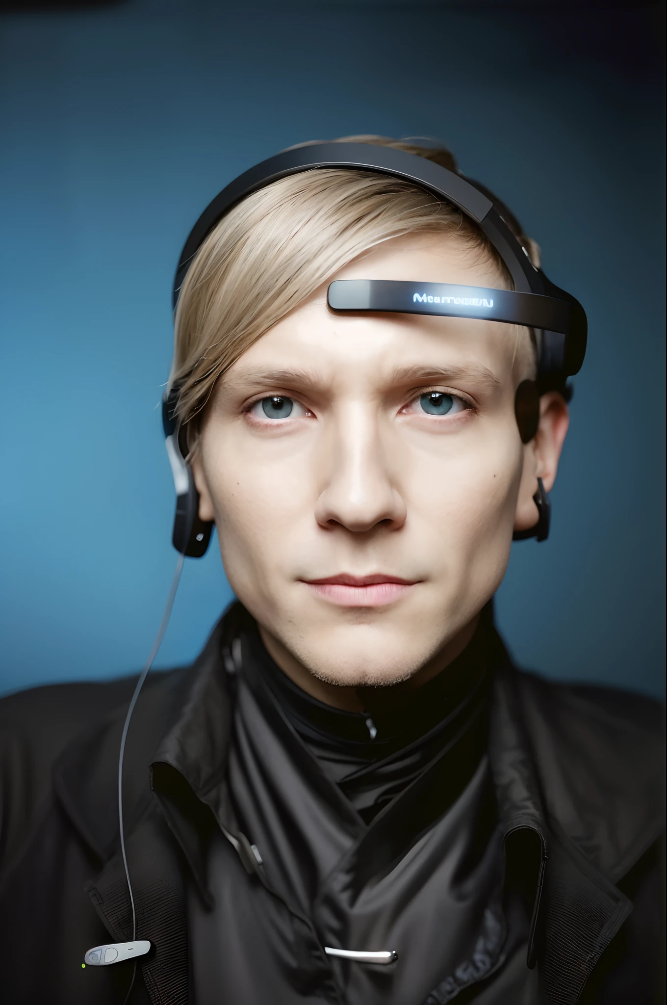 blond man with headphones on his head and a blue background, aura jared and wires, futuristic, a portrait of an android, future tech, with head phones, transhuman, felix englund, become human, portrait of an android, carl gustav, virtual self, leon tukker, skydsgaard, inspired by Oskar Lüthy, johannen voss