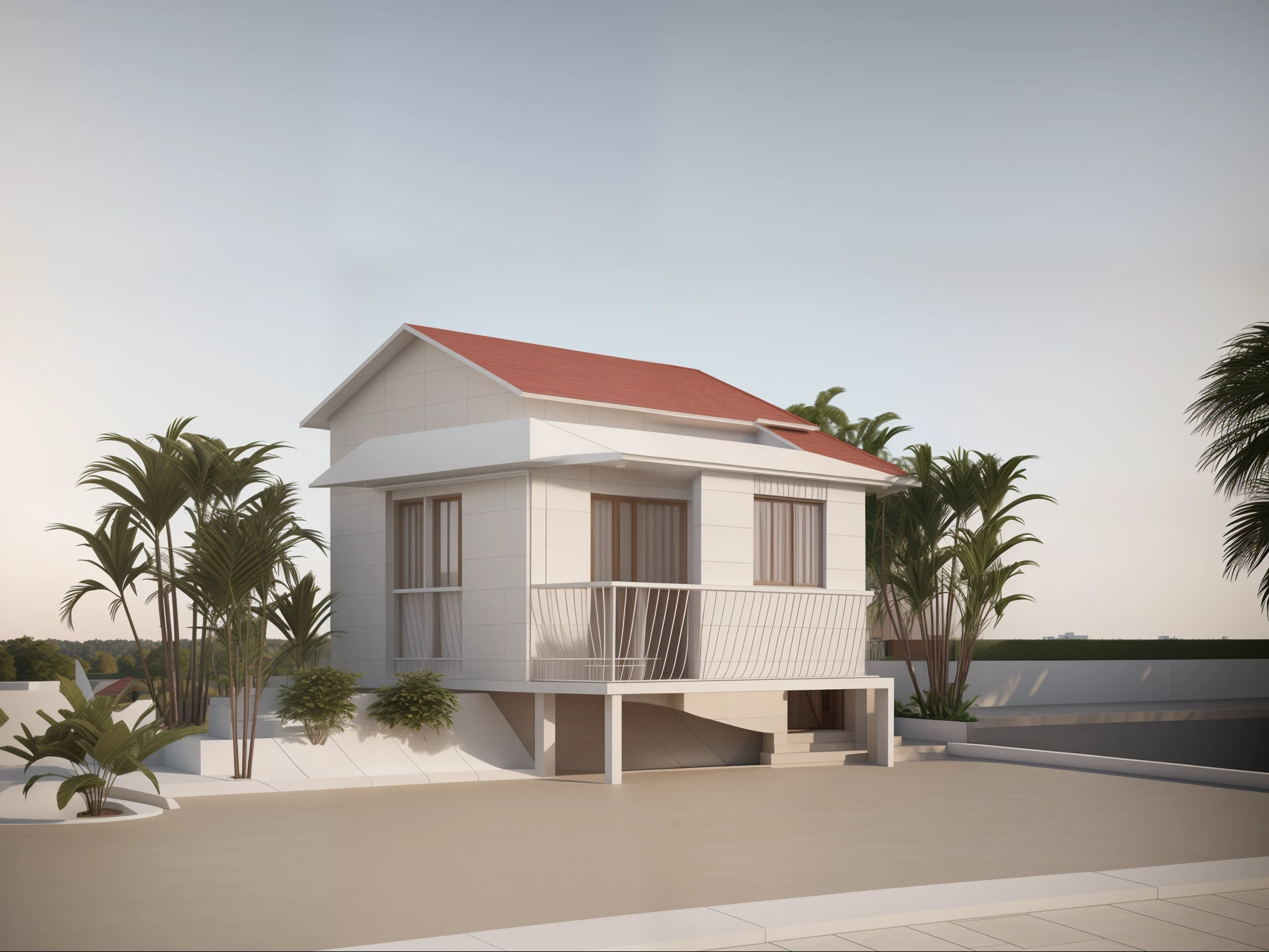 the house builder between groundand lake with palm trees, grass, another trees and a wood balcony and steel railing, stone steps go up the balcony, white plaster wall, glass doors, red roof tiles, luxury furnitures in side architecture render, 3d rendered model, highly photographic render, 3 d render even lit, photographic render, very realistic 3 d render, rendered 3d model, 3 d renders, rendered in 3 dsmax, architectural 3 d render, 3 d finalrender, fully detailed render